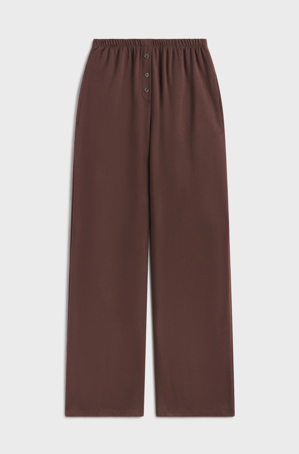 Brown pants with button fly on a white background