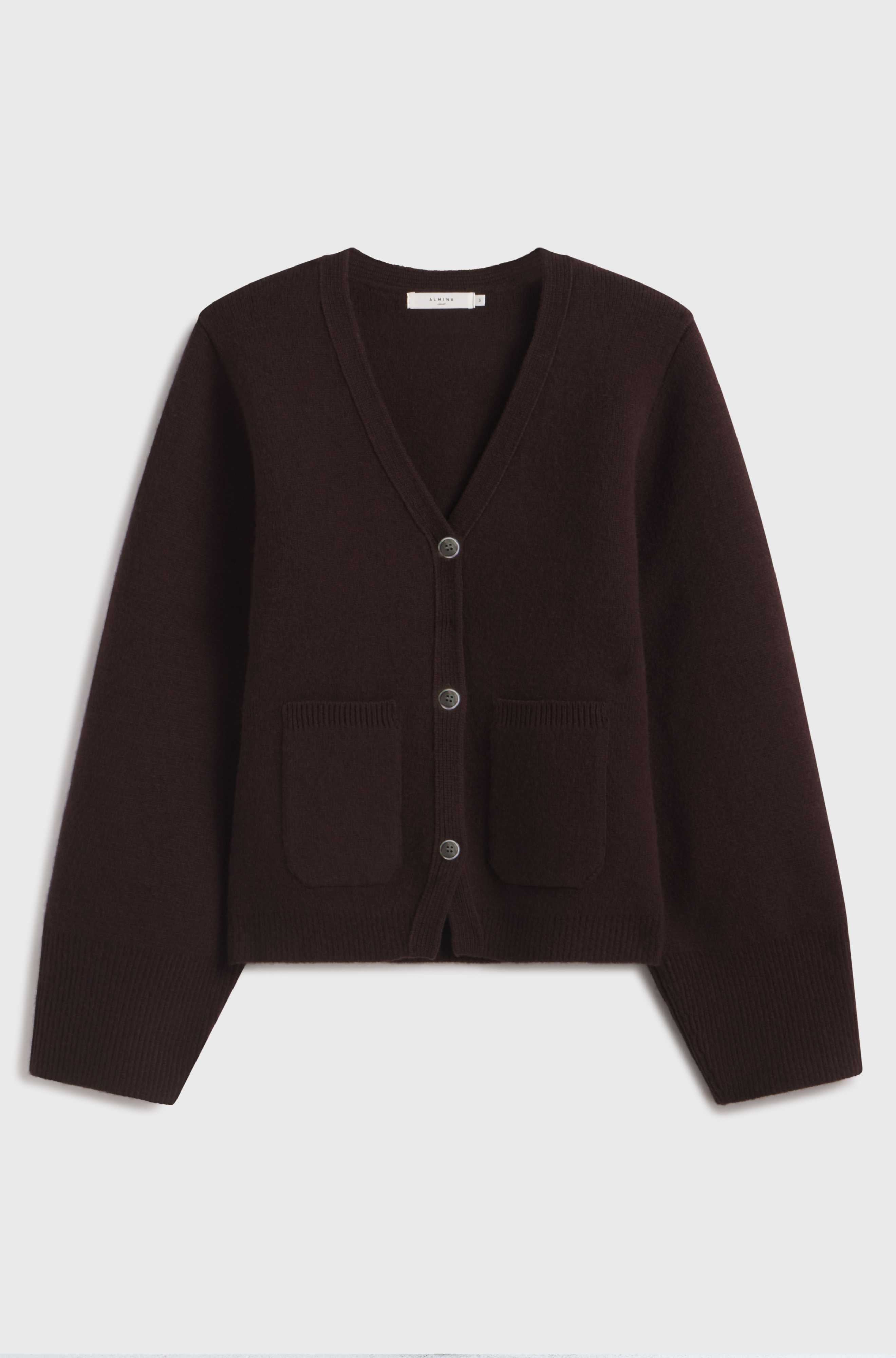 Dark brown cardigan on a light gray background