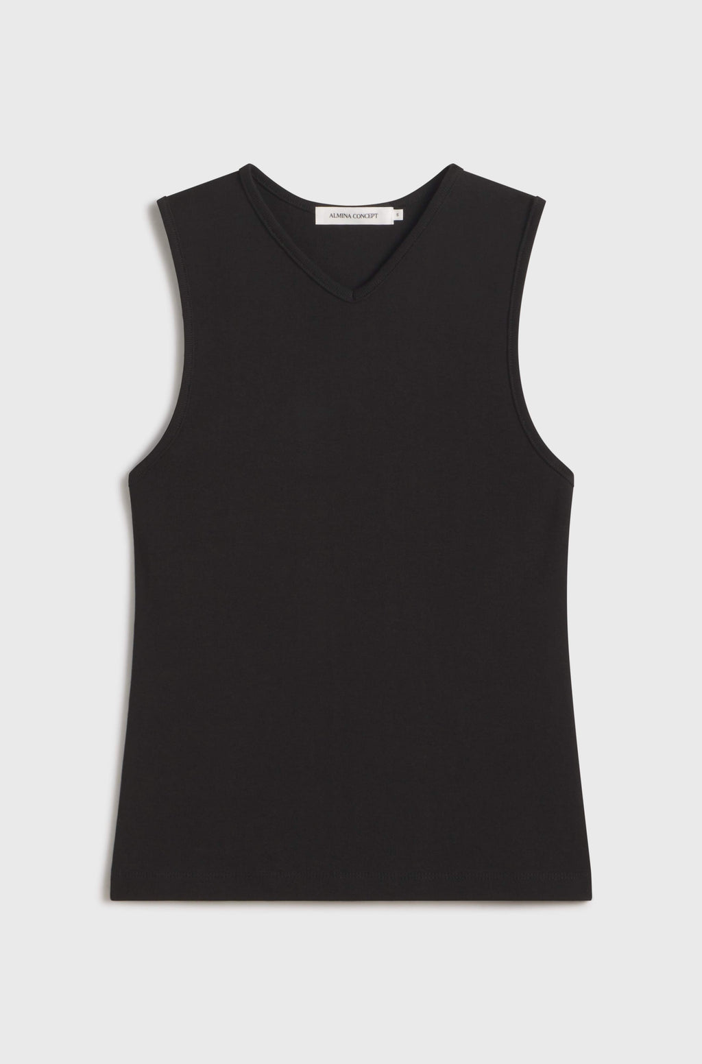 V Neck Black sleeveless tank top on a light grey background