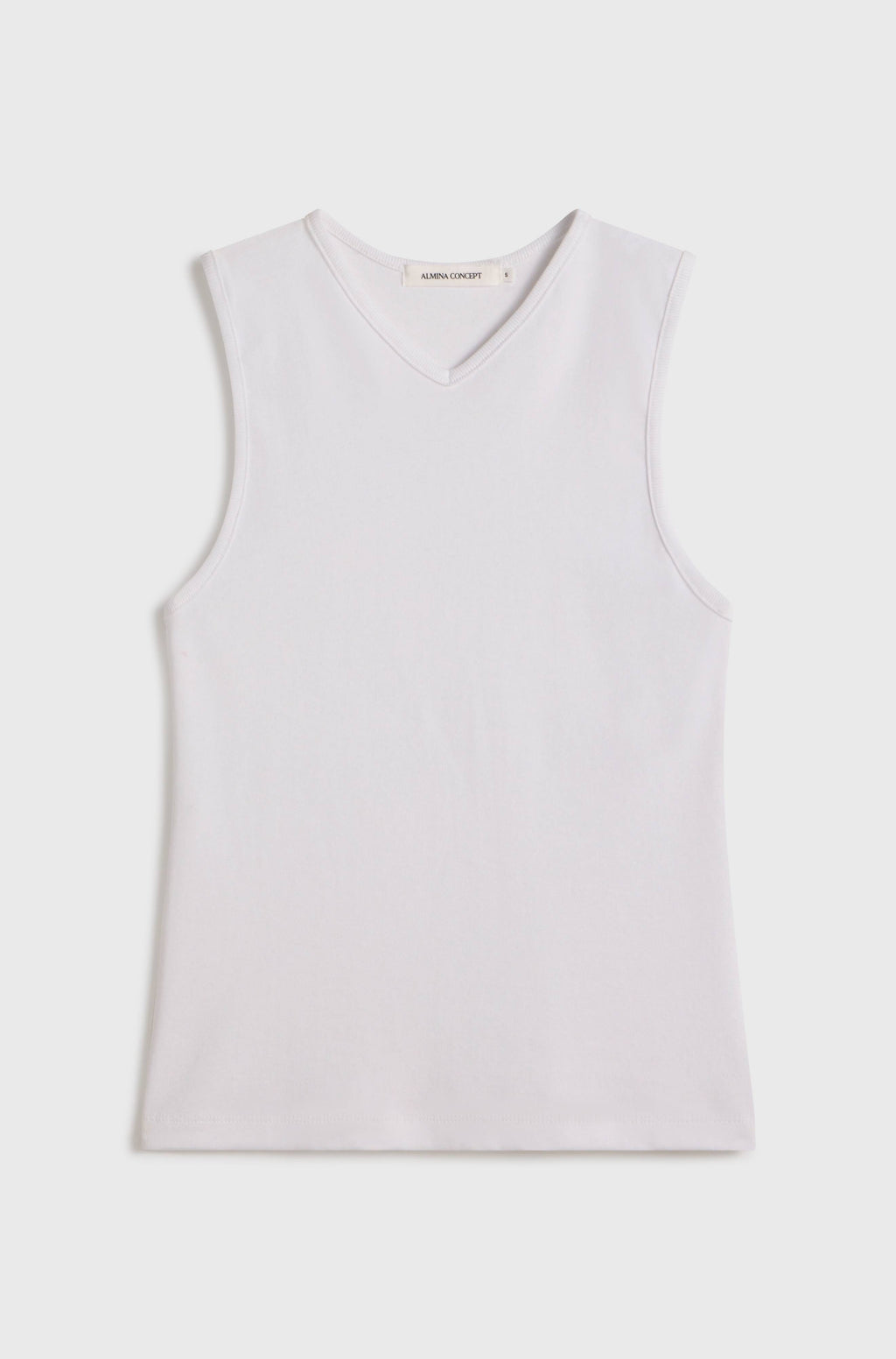 V Neck White sleeveless tank top on a light grey background
