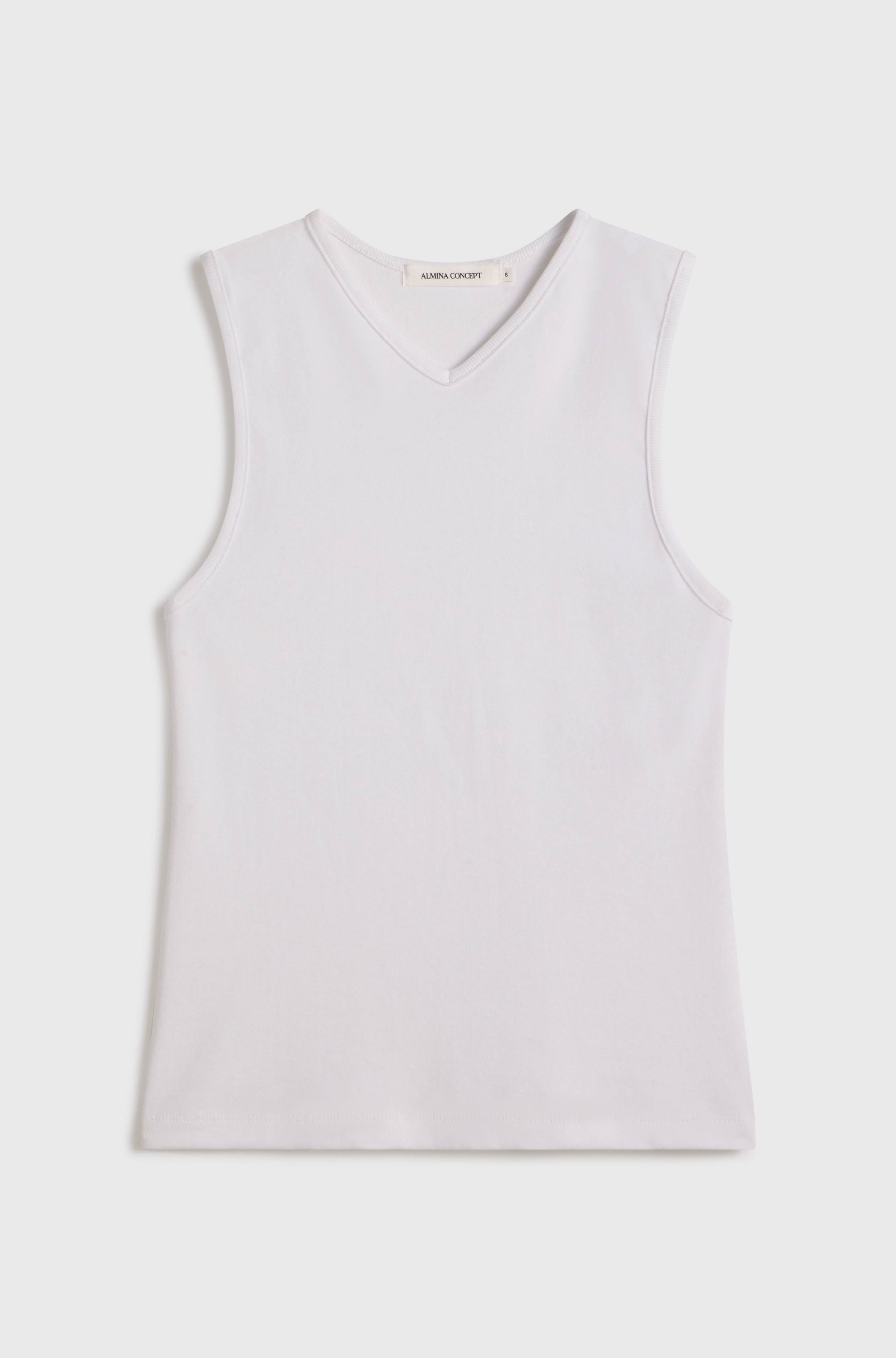 V Neck White sleeveless tank top on a light grey background