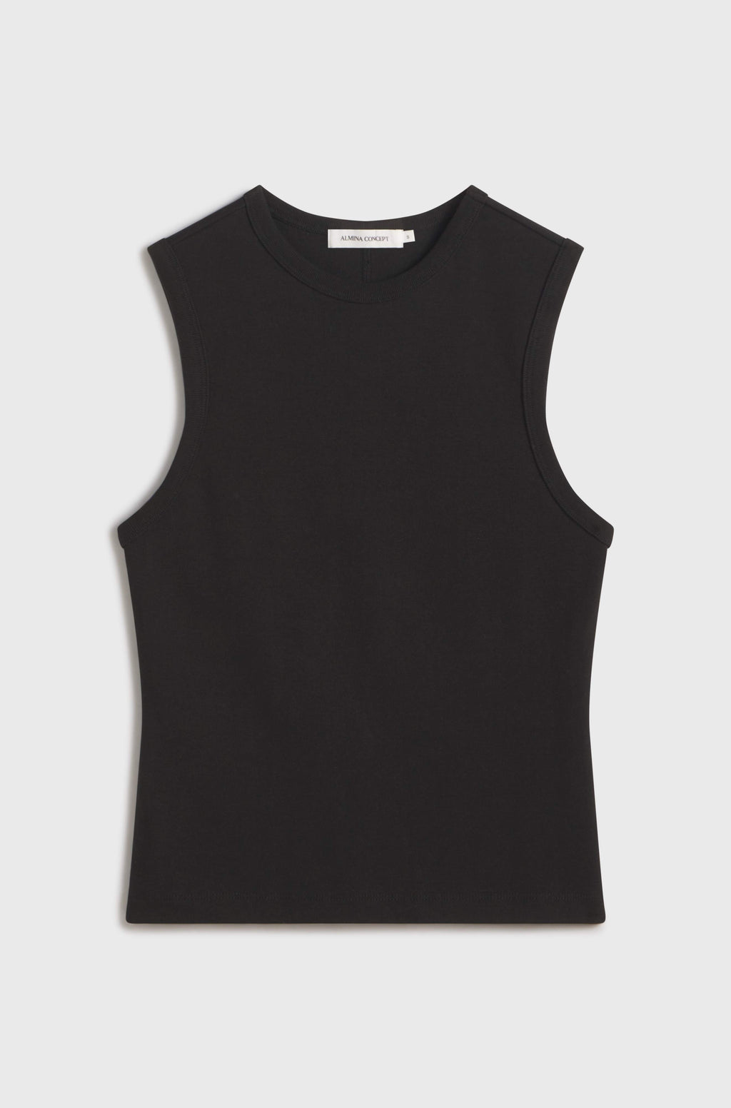 Black sleeveless top on a light gray background