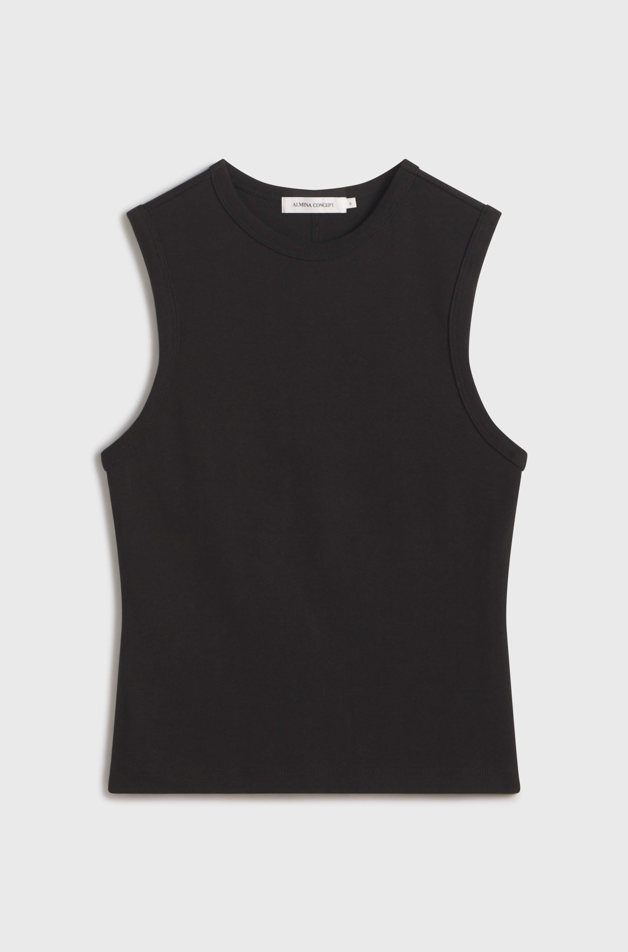 Black sleeveless top on a light gray background