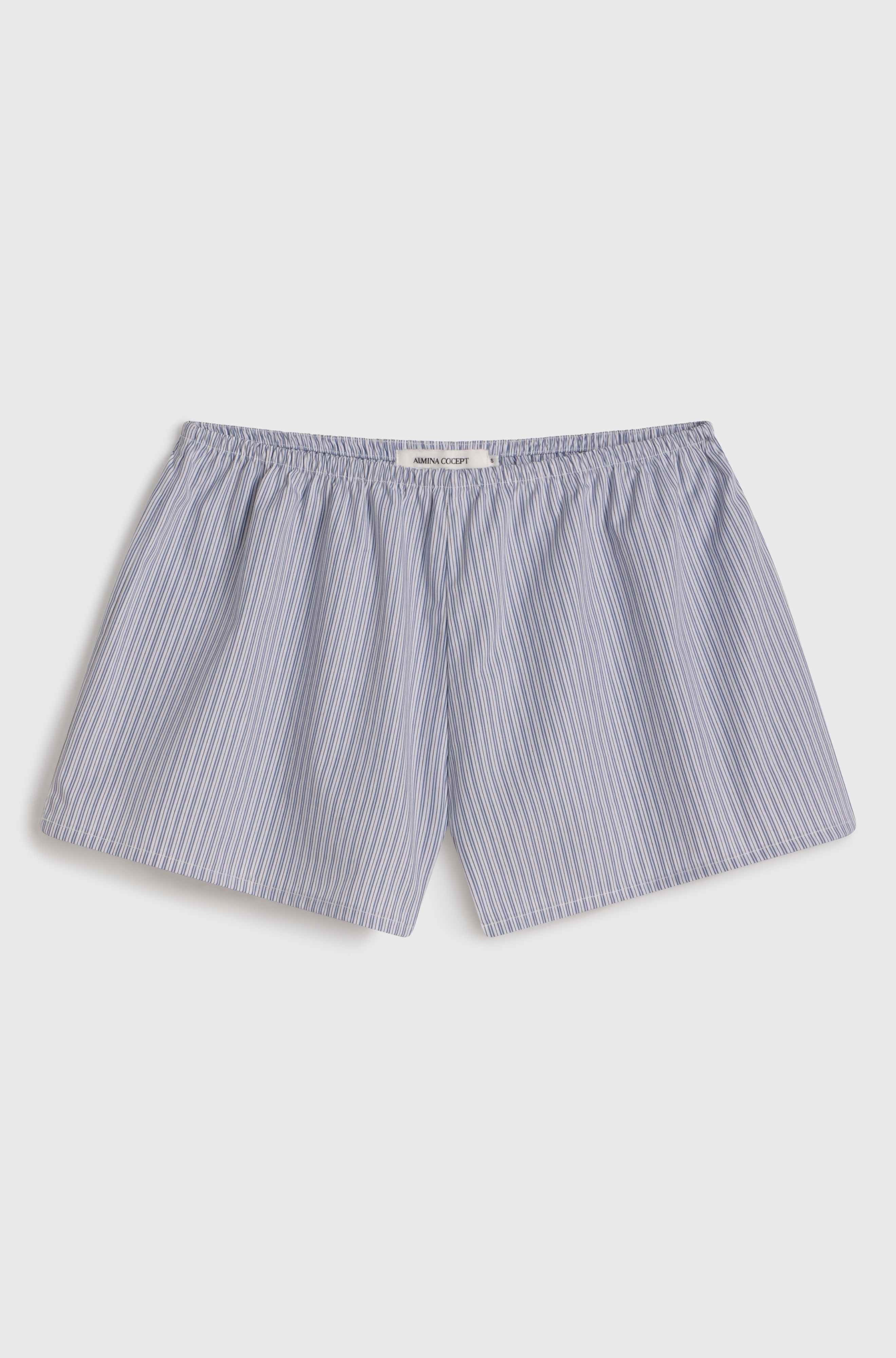 Blue and white striped boxer shorts on a light gray background