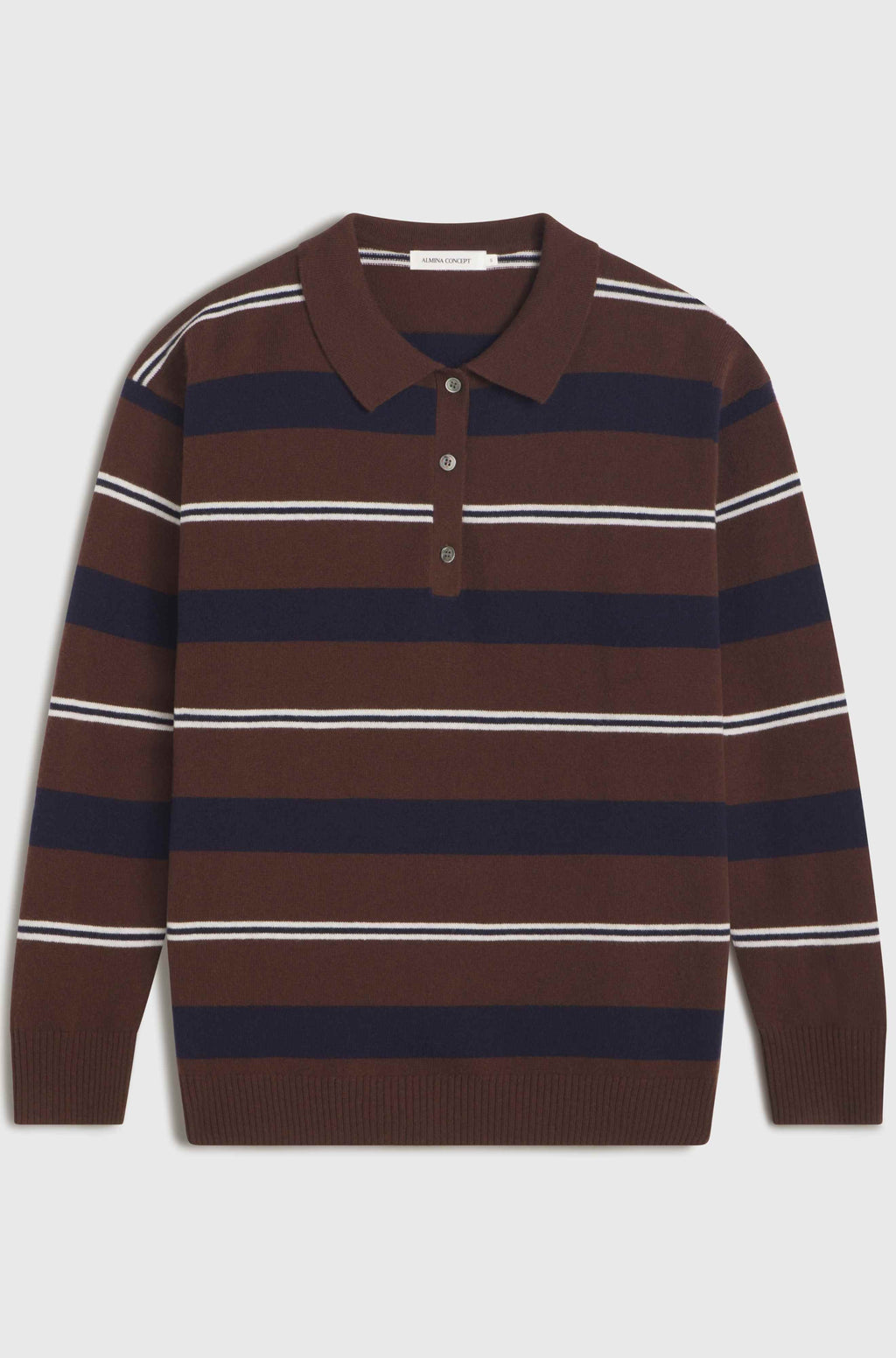 Brown stripe polo sweater on light grey background