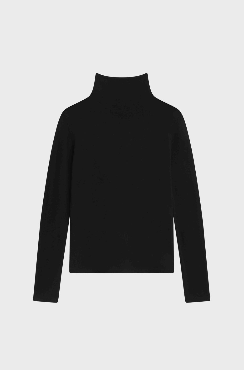 Black turtleneck sweater on a light gray background