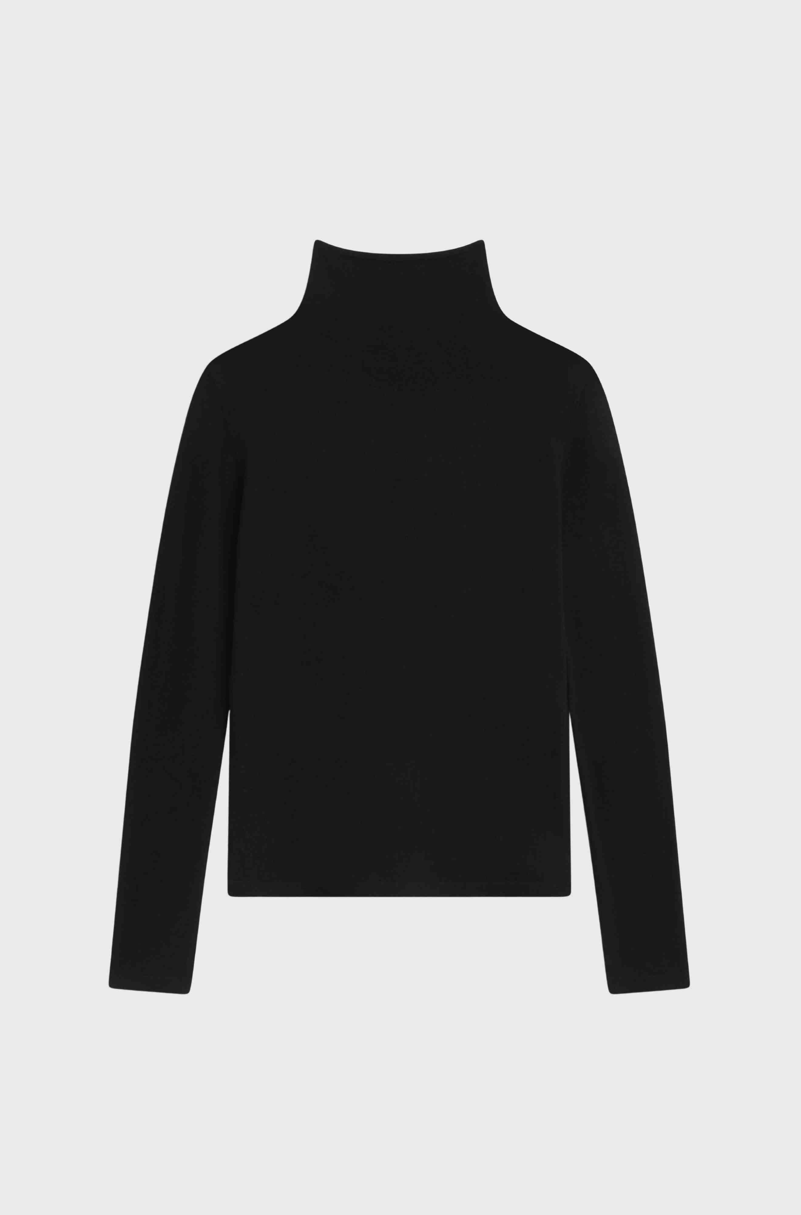Black turtleneck sweater on a light gray background