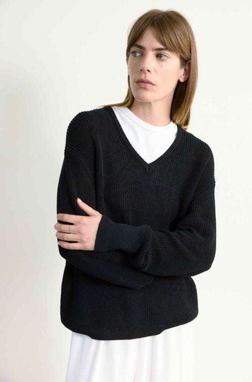 Person wearing a black sweater over a white shirt on a plain background