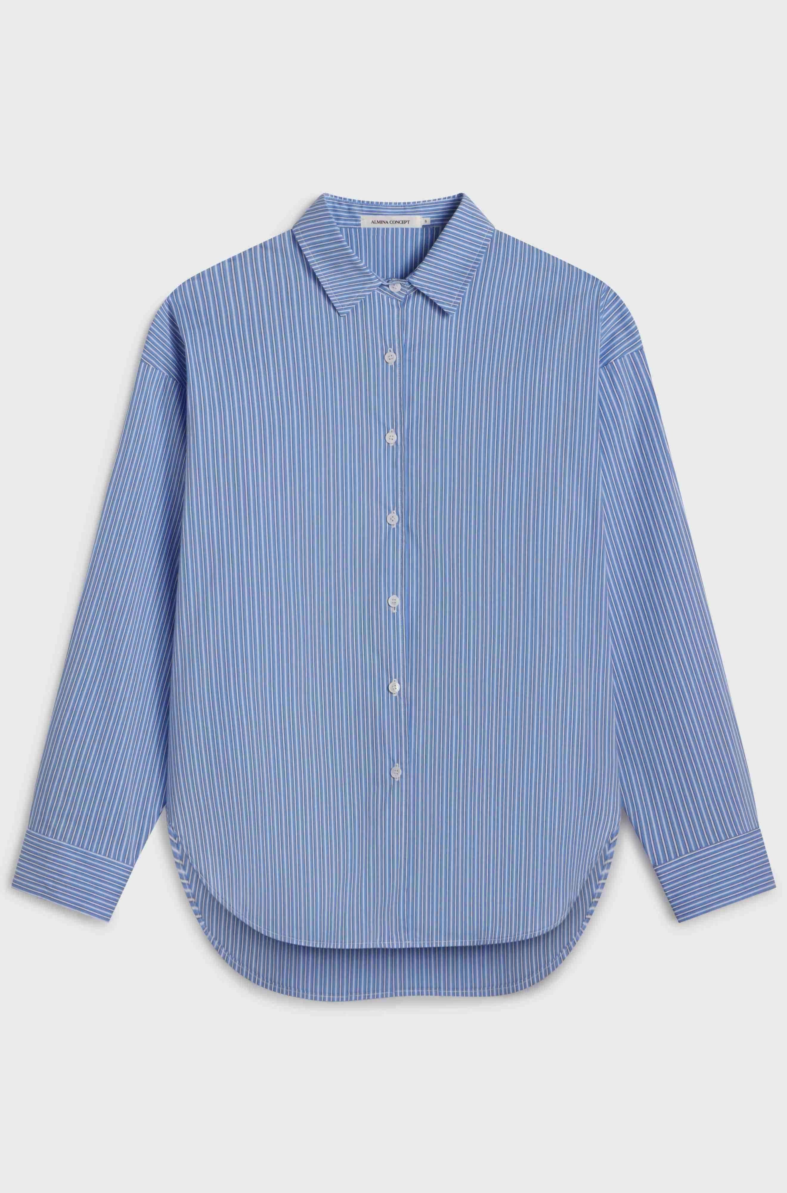 Blue striped shirt on a light gray background