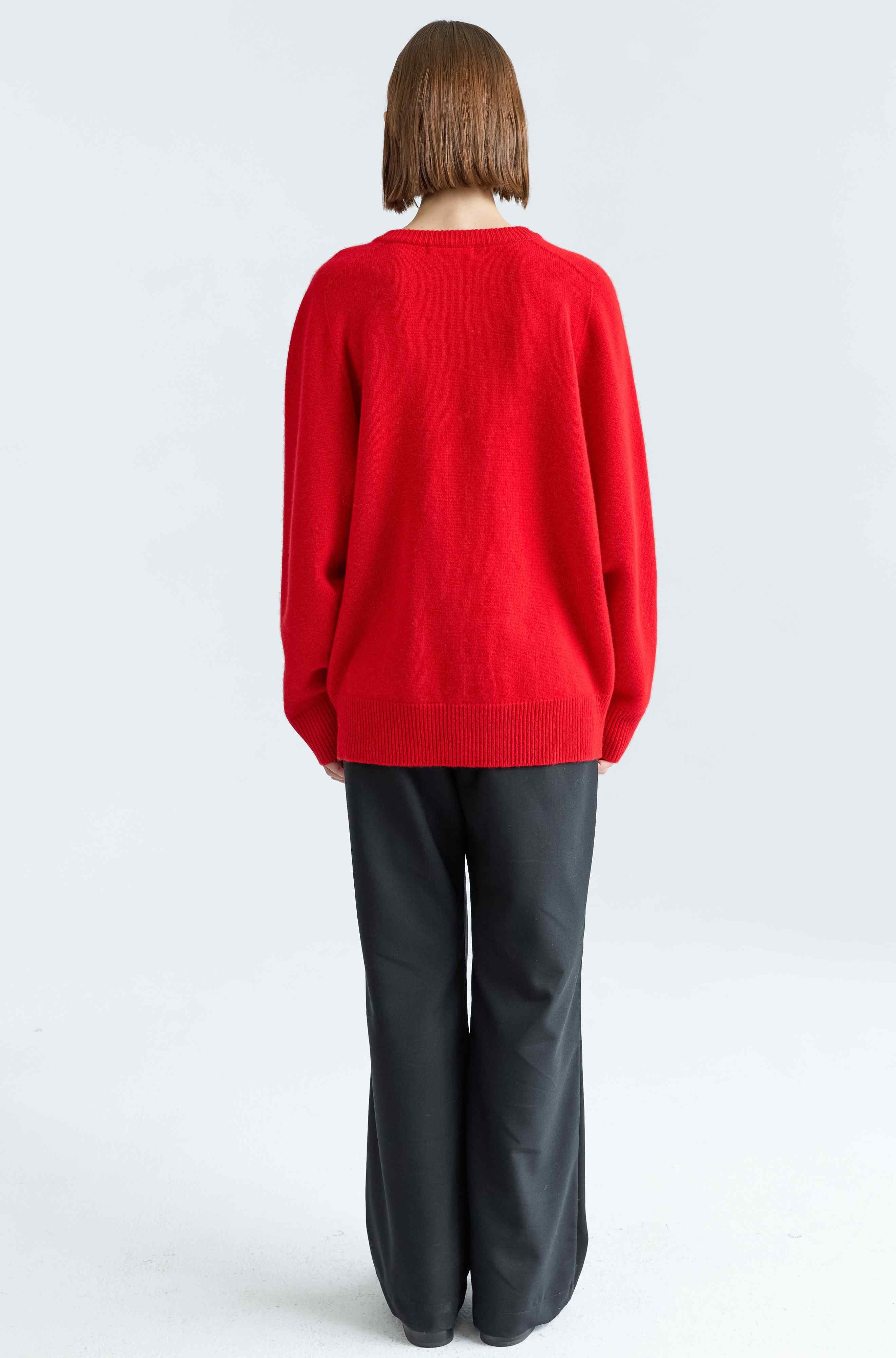 Person wearing a red sweater and black pants on a white background