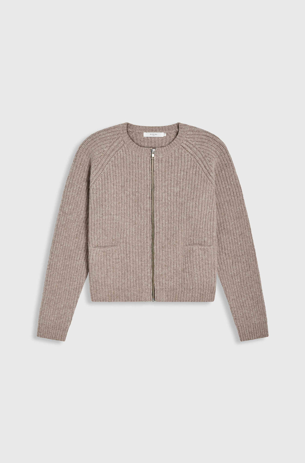 Light brown ribbed zip-up sweater on a light gray background
