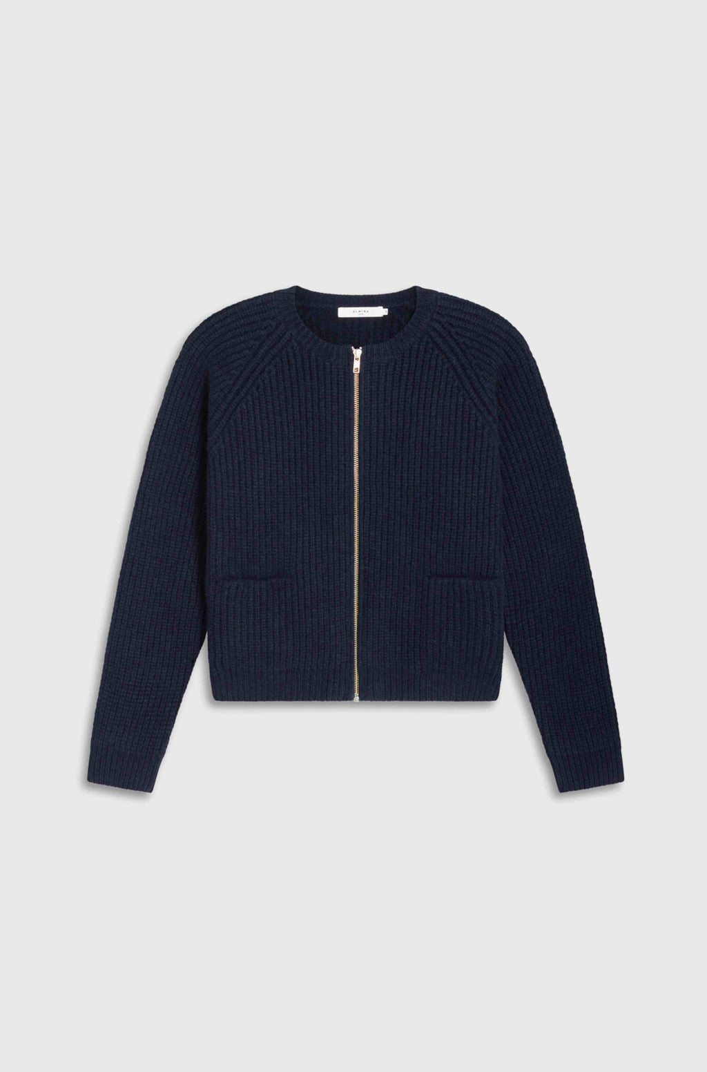 Navy blue ribbed zip-up sweater on a light gray background