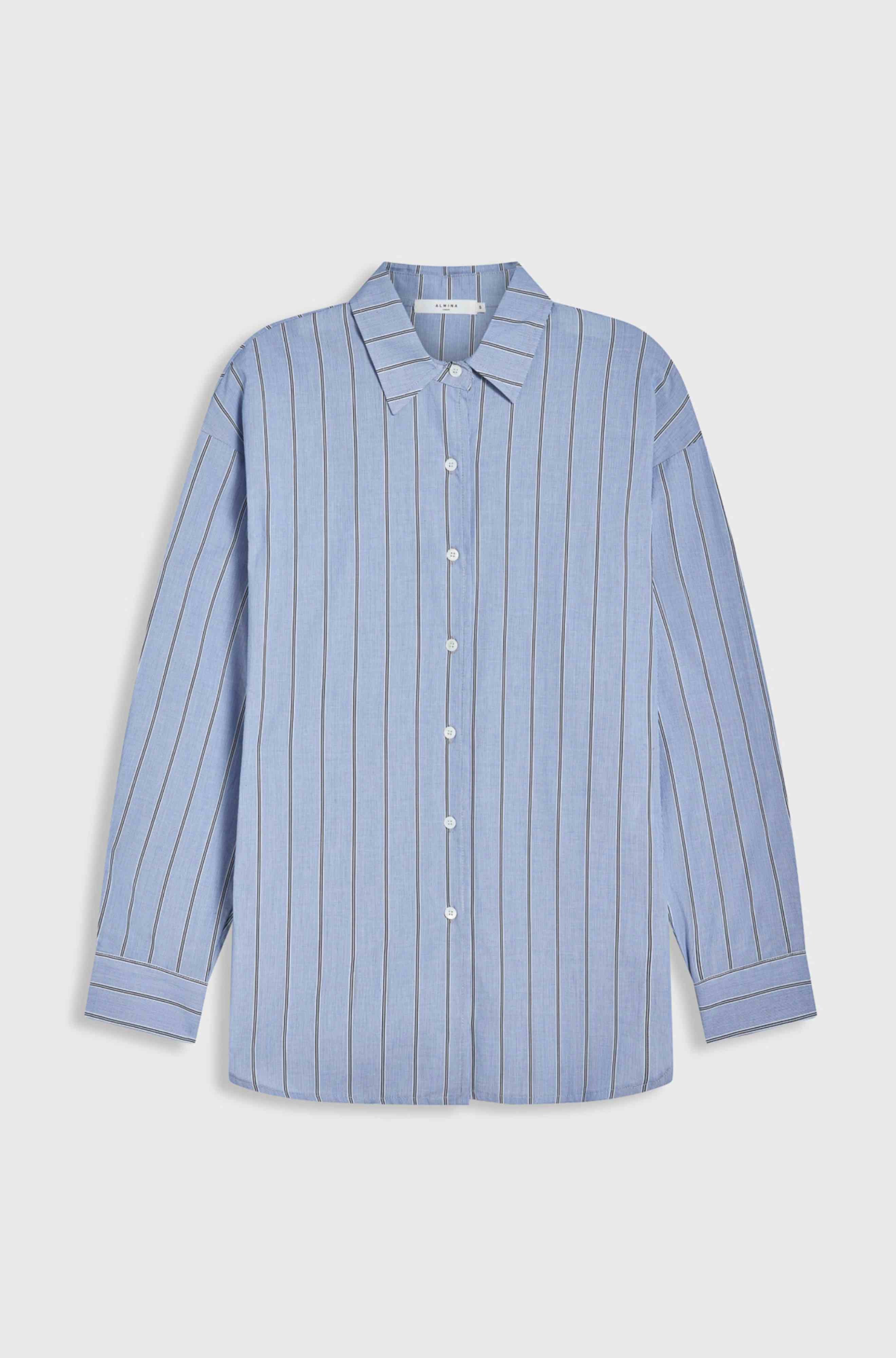 Blue striped shirt on a light gray background