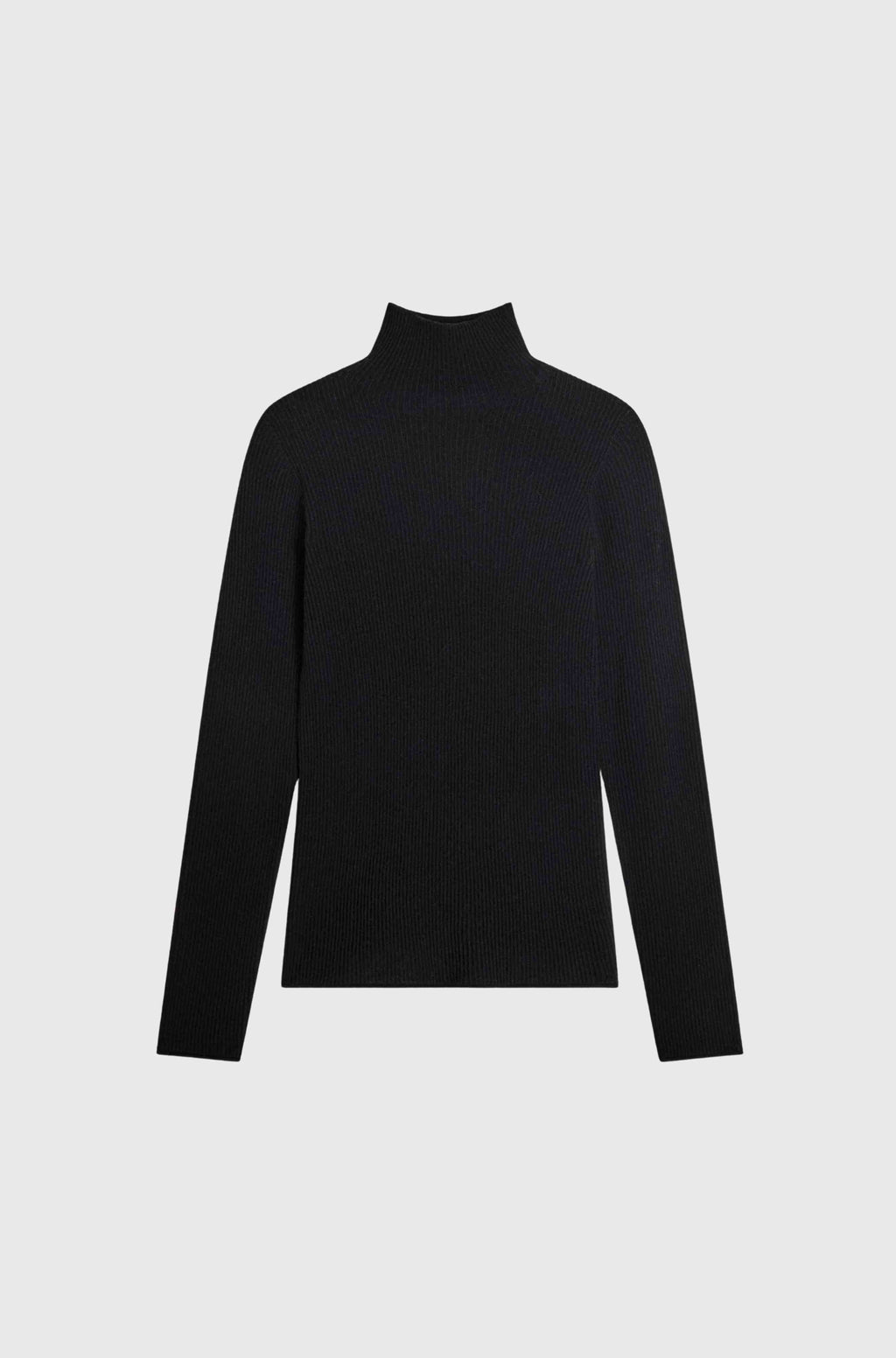 Black turtleneck sweater on a light gray background