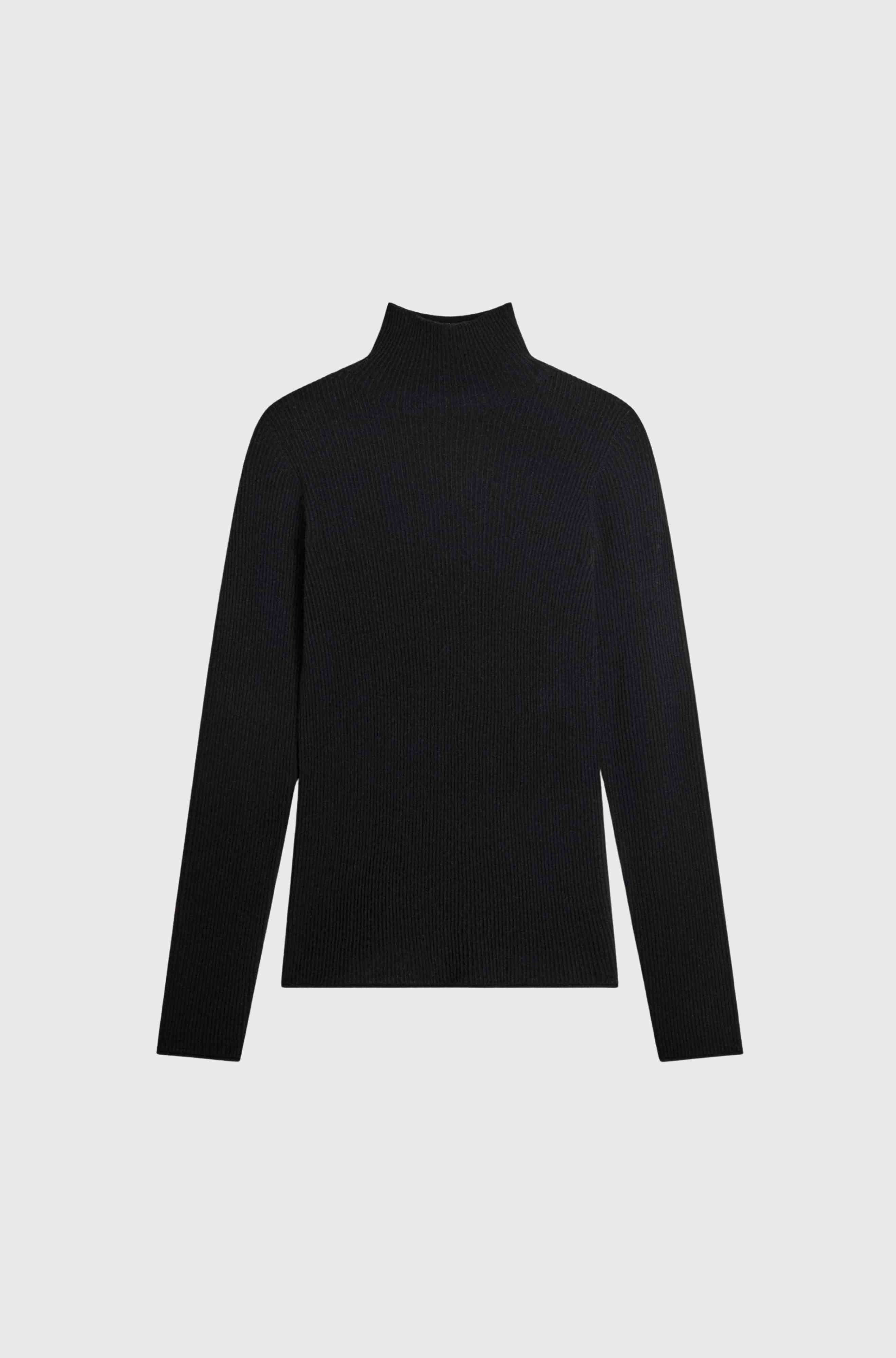 Black turtleneck sweater on a light gray background