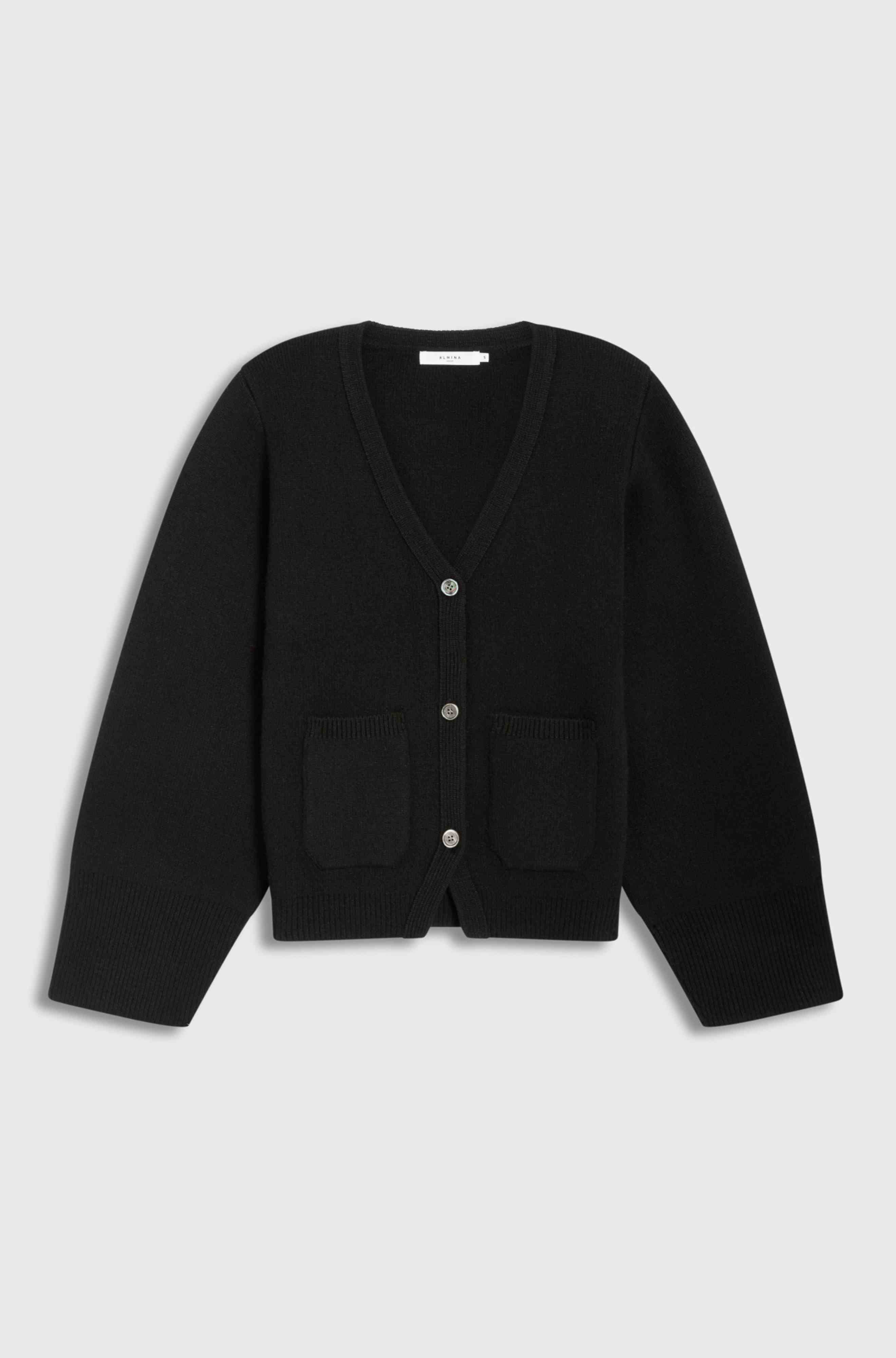 Black cardigan on a light gray background