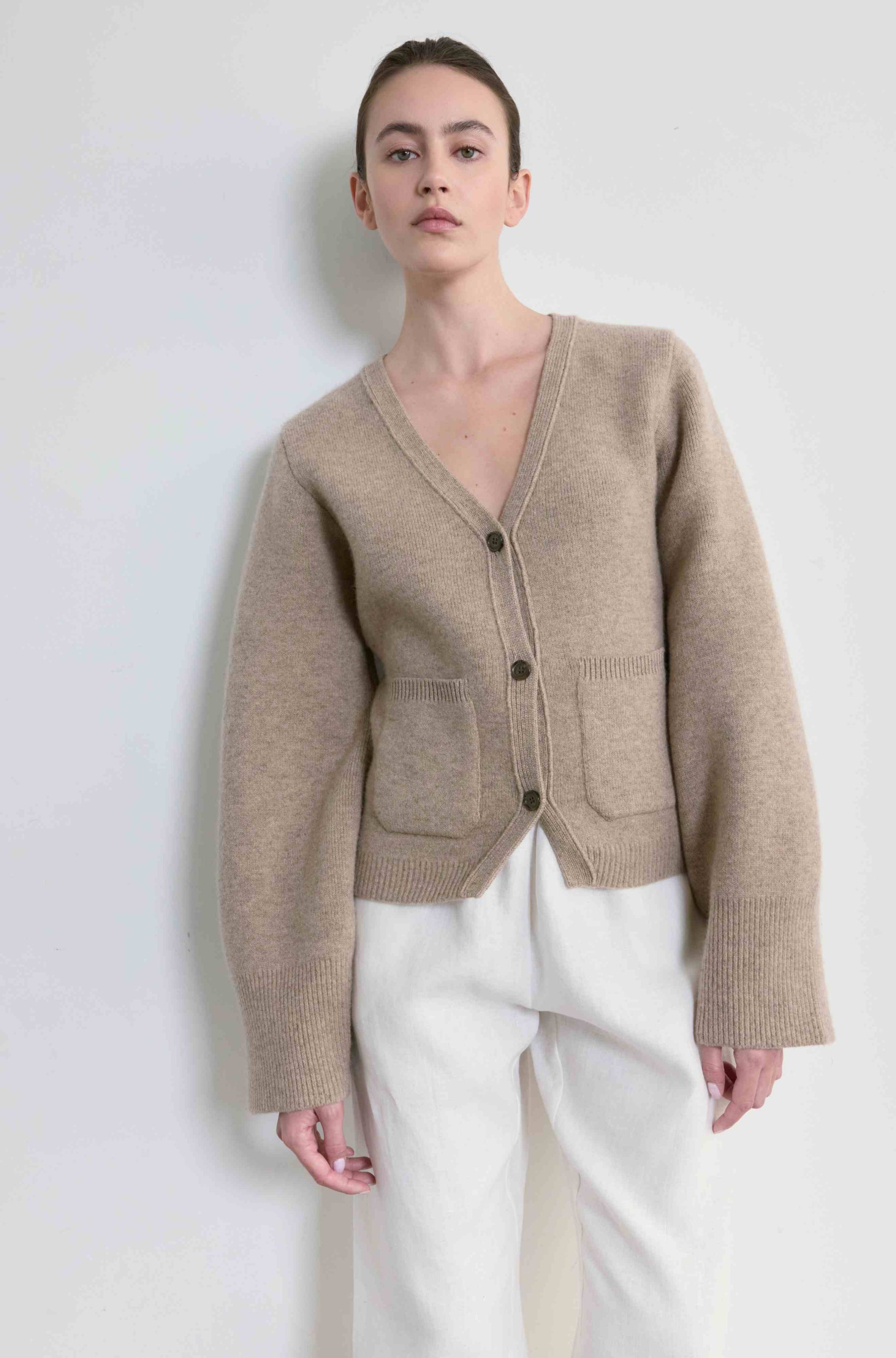 Almina Concept - V Neck Cardigan in Oatmeal
