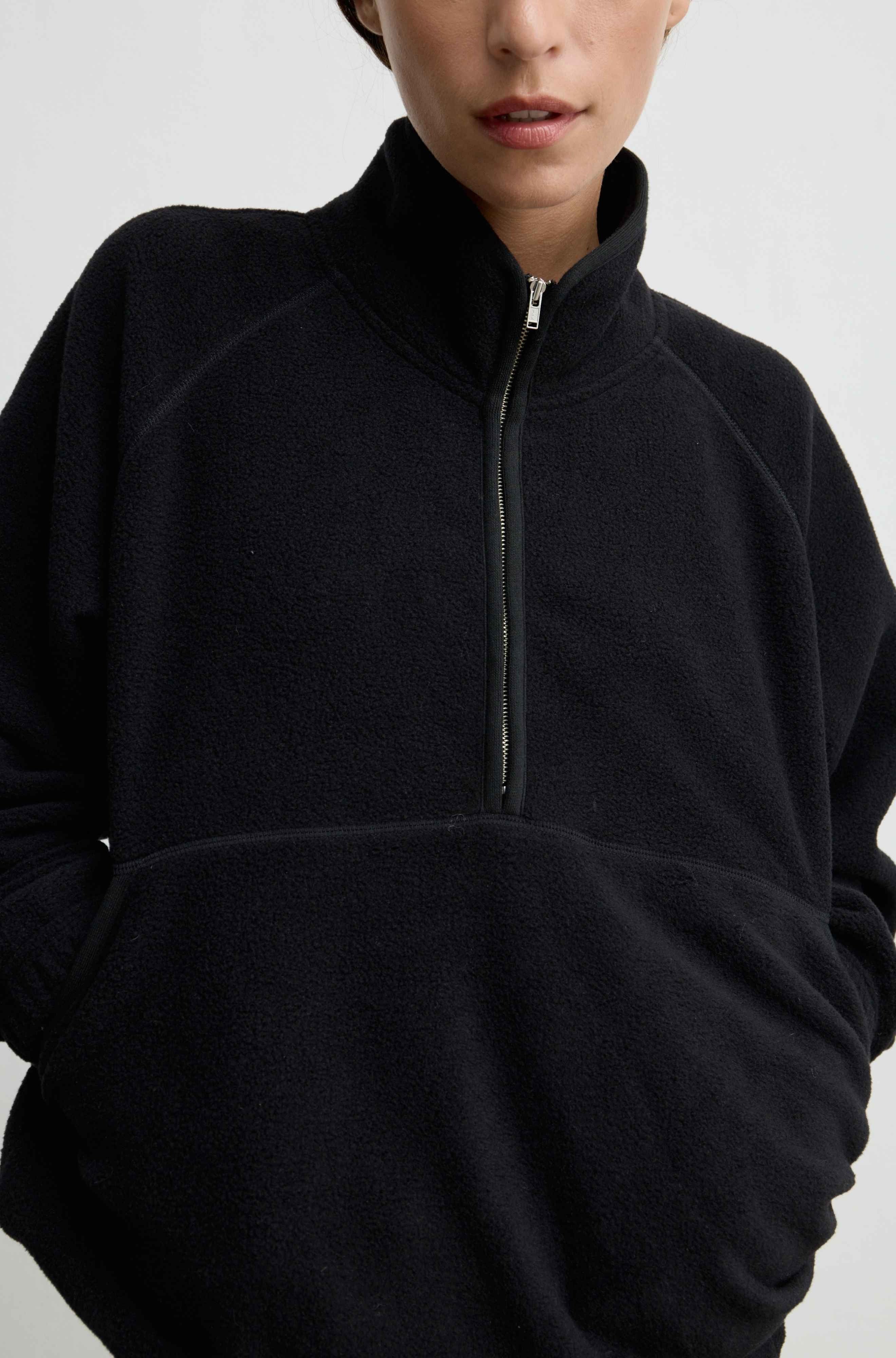 A close-up of a person wearing a black quarter-zip fleece pullover sweatshirt against a plain light background.