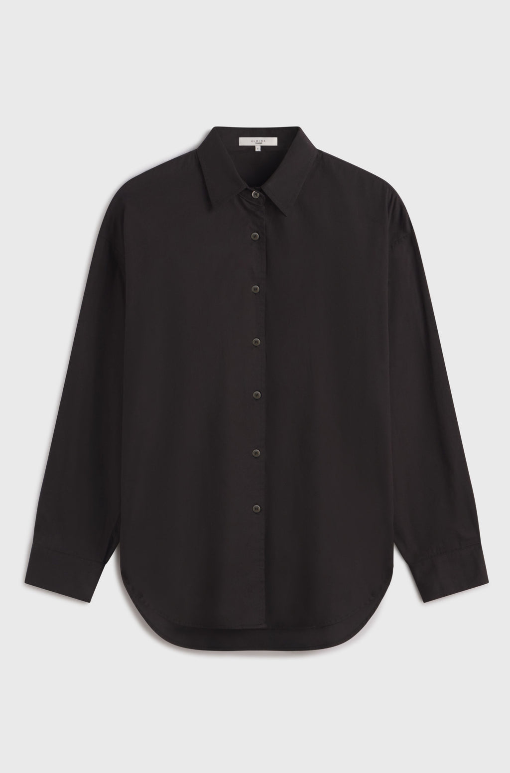 Black button-up shirt on a light gray background