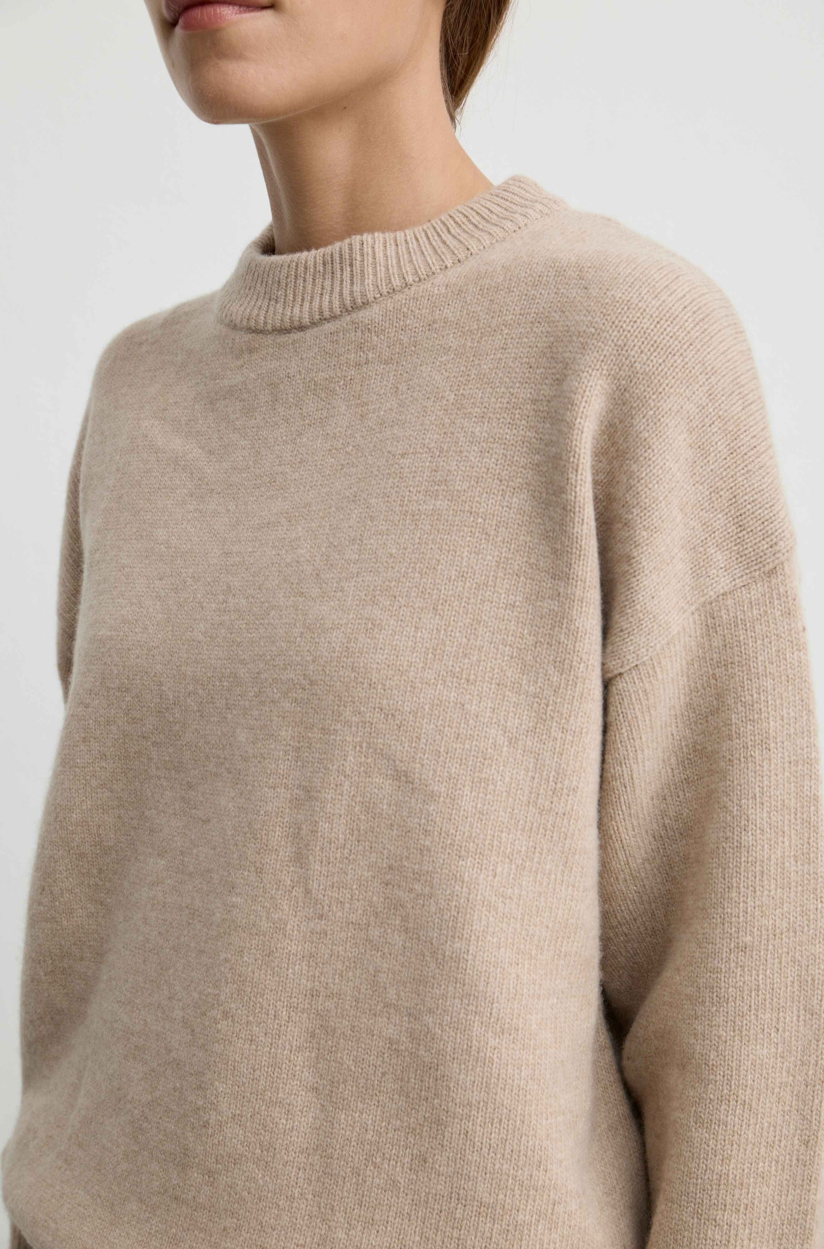 A close-up of a person wearing a light beige knit sweater with a ribbed crew neck and long sleeves, shown against a plain light gray background.