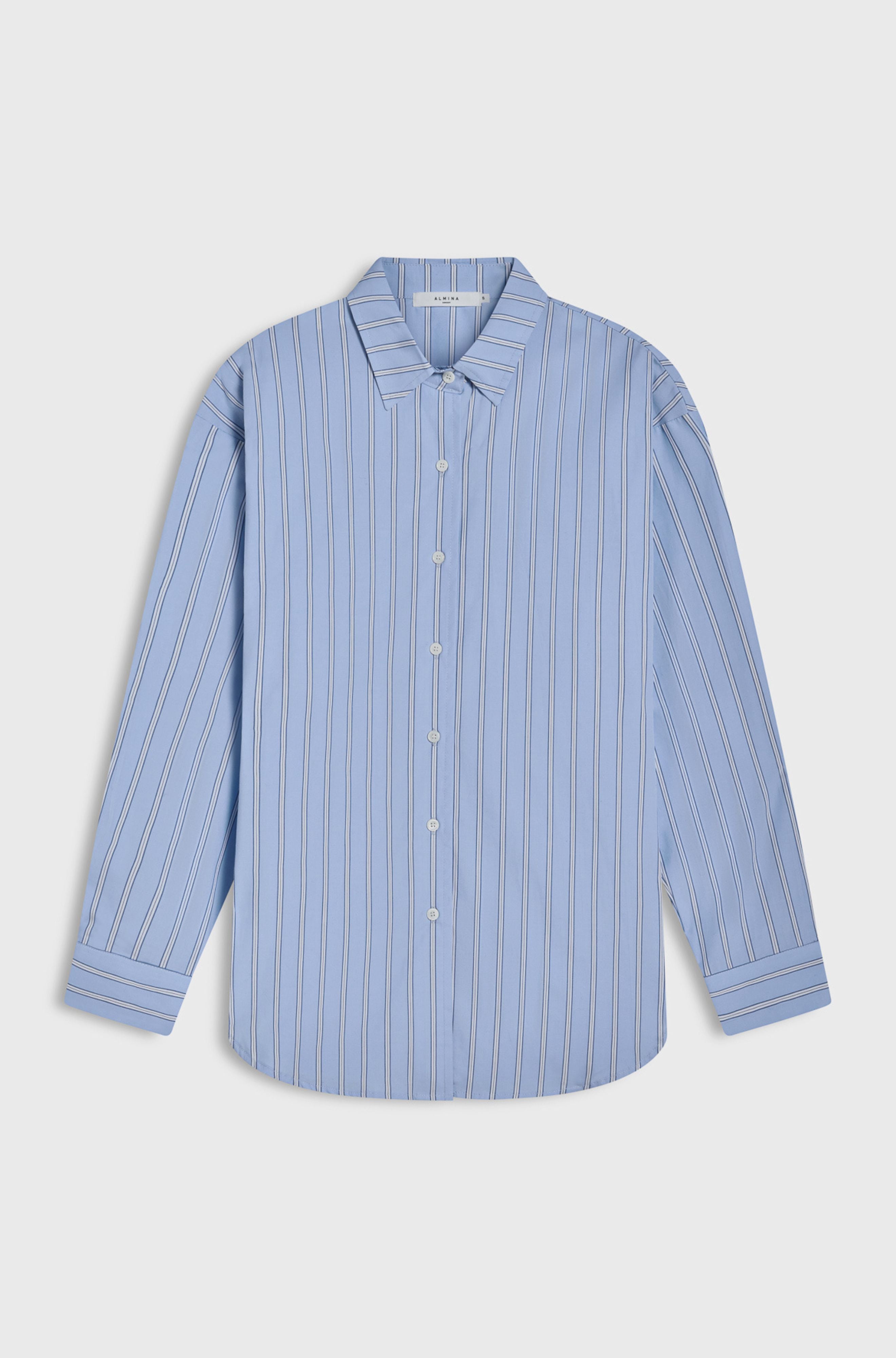 Blue striped shirt on a light gray background