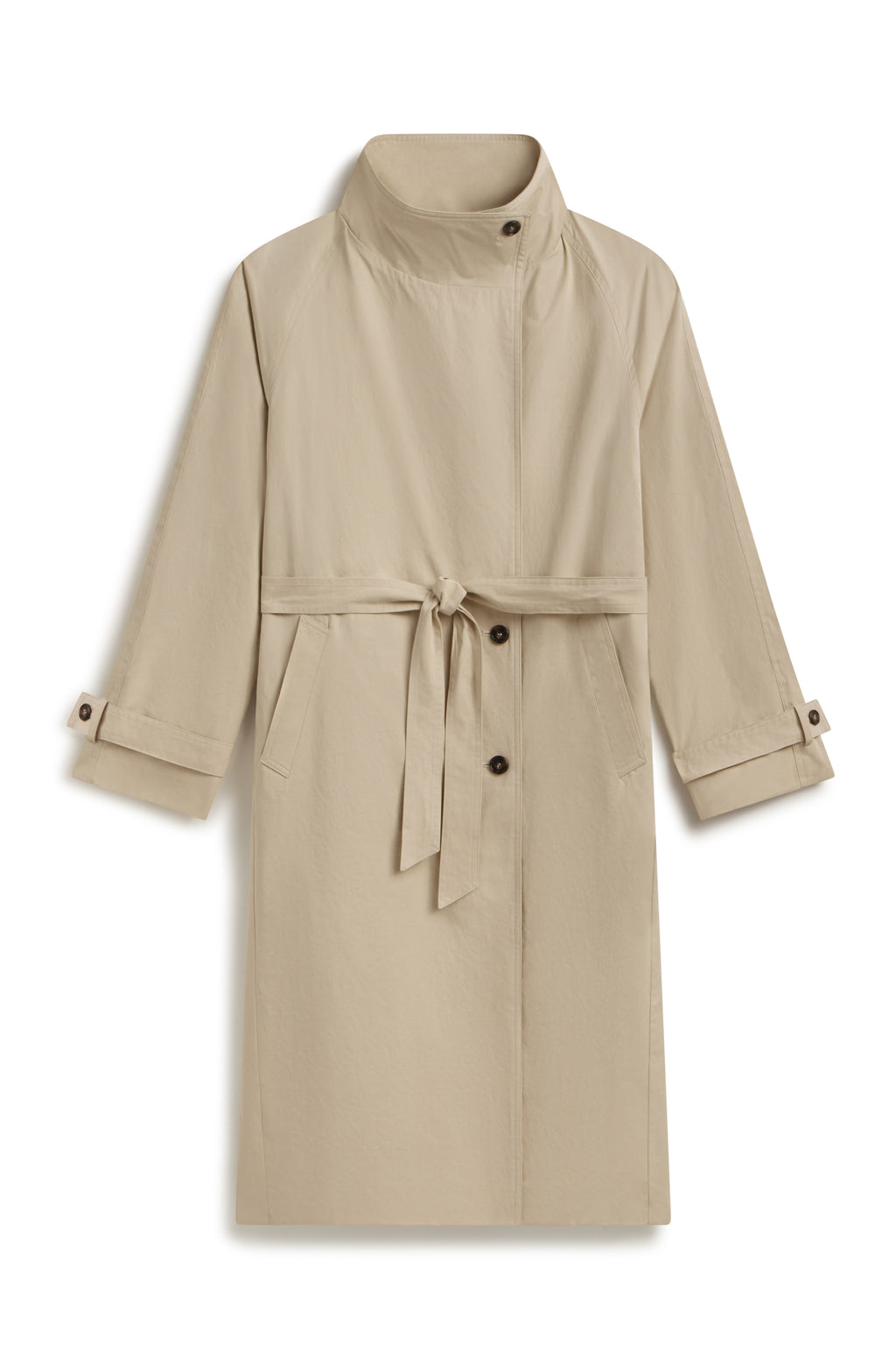 Beige high neck trench coat with wrap belt and button up front against a light grey wall