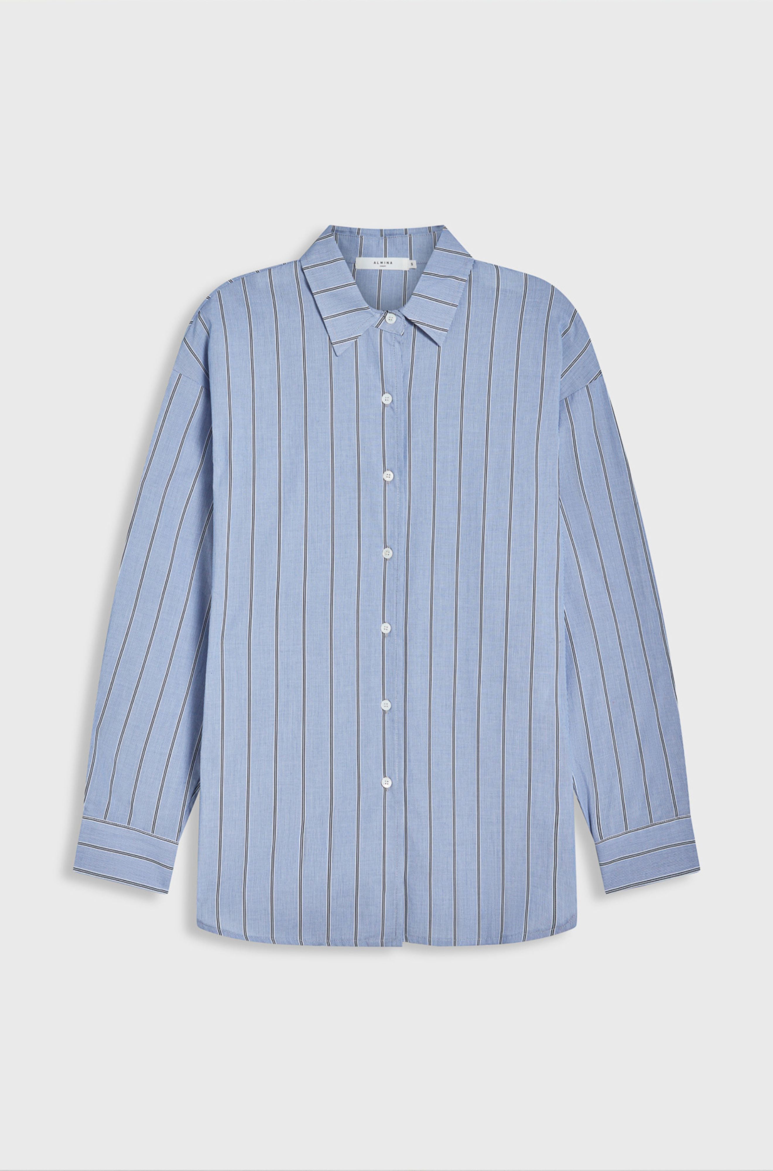 Blue striped shirt on a light gray background