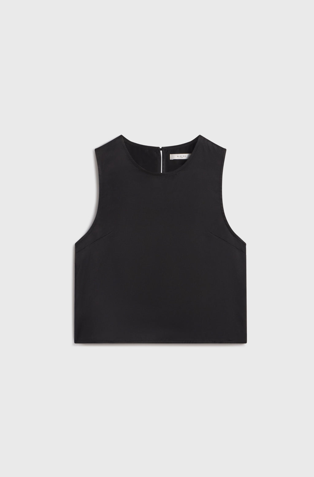 Black sleeveless silk top on a light gray background