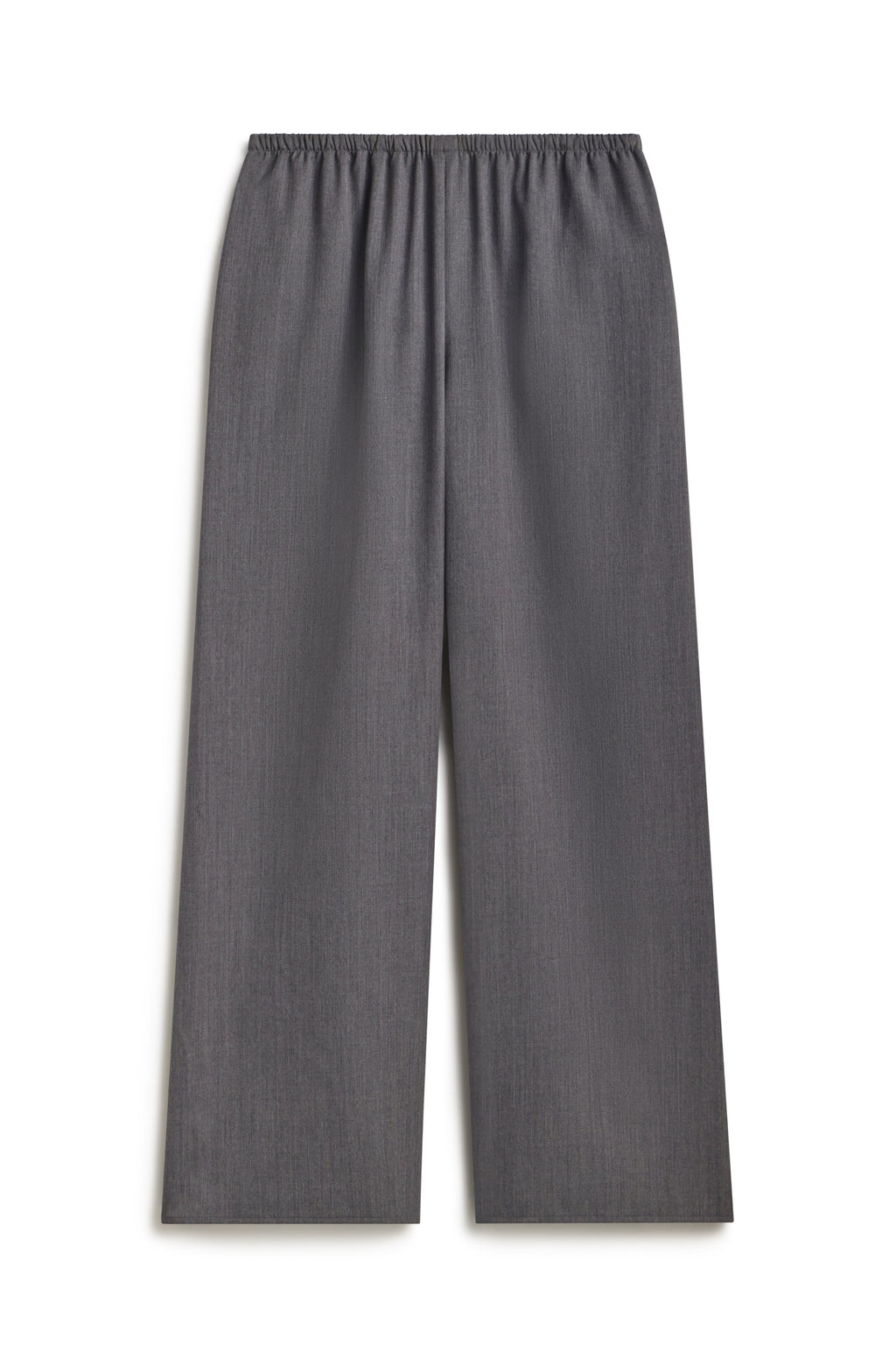 Grey pull on wool pants with an elastic waistband against a white background