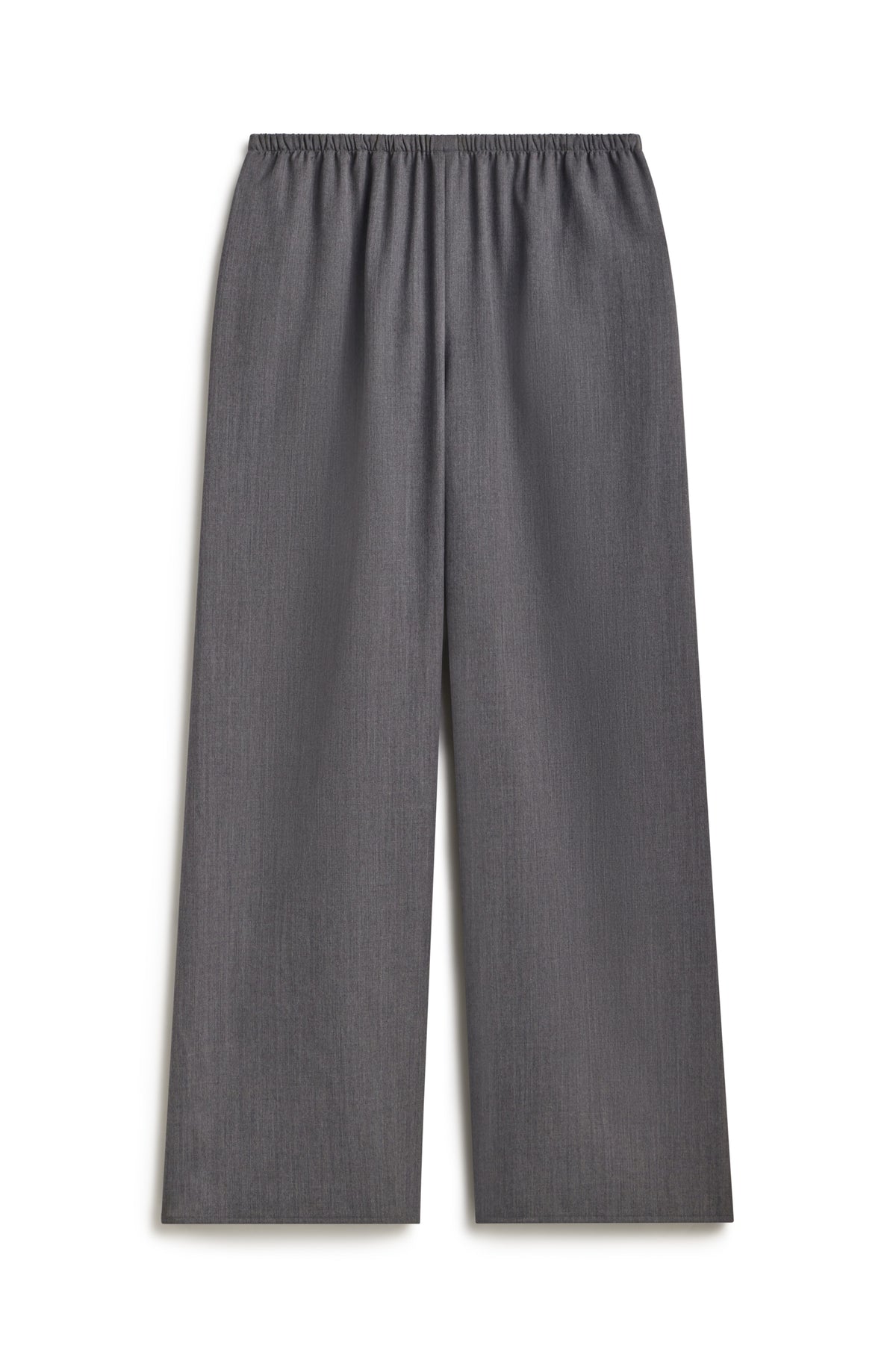Grey pull on wool pants with an elastic waistband against a white background