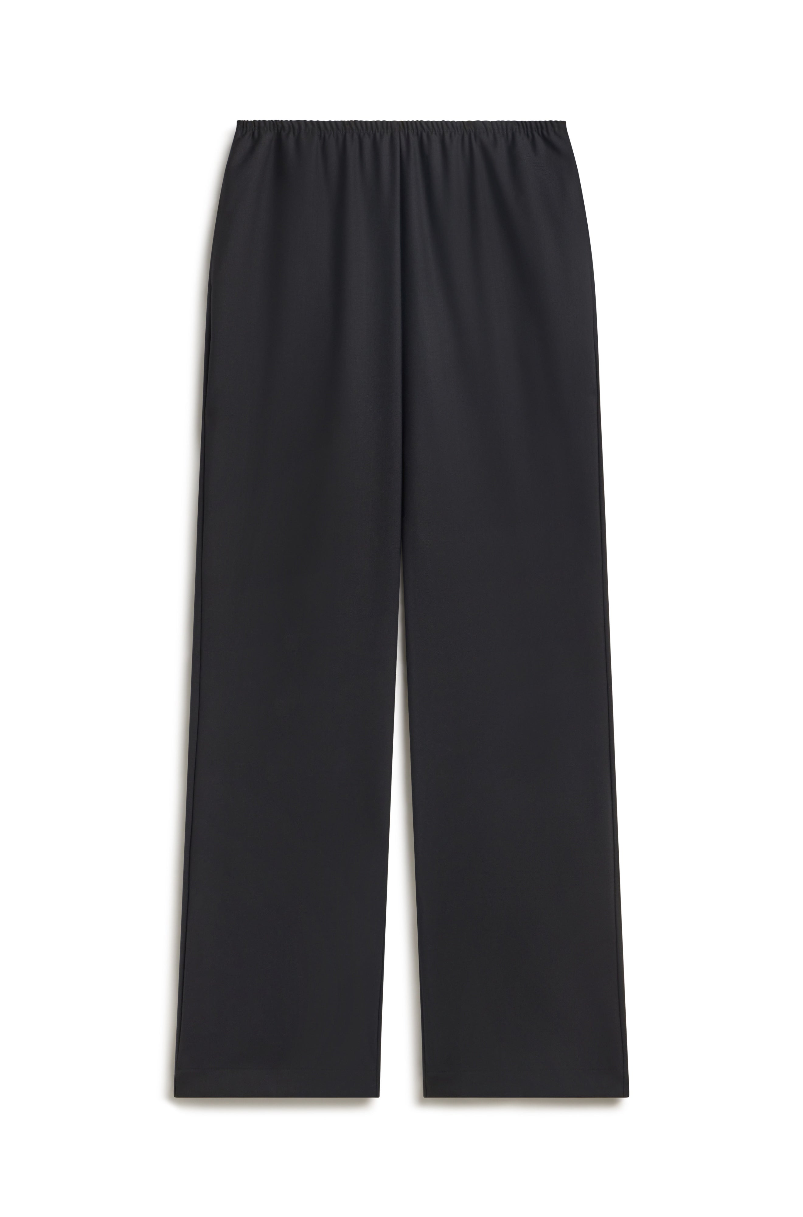 Black wide-leg cropped pants with an elastic waistband, shown flat against a white background.