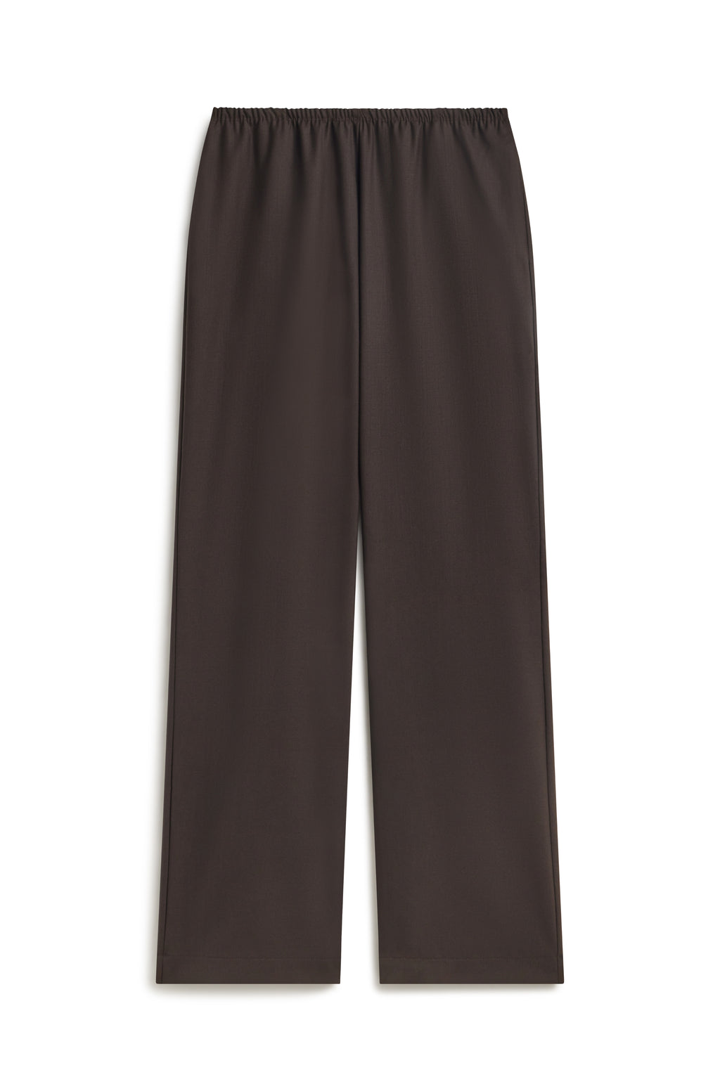 A pair of dark brown wide-leg trousers with an elastic waistband, shown flat against a plain white background.