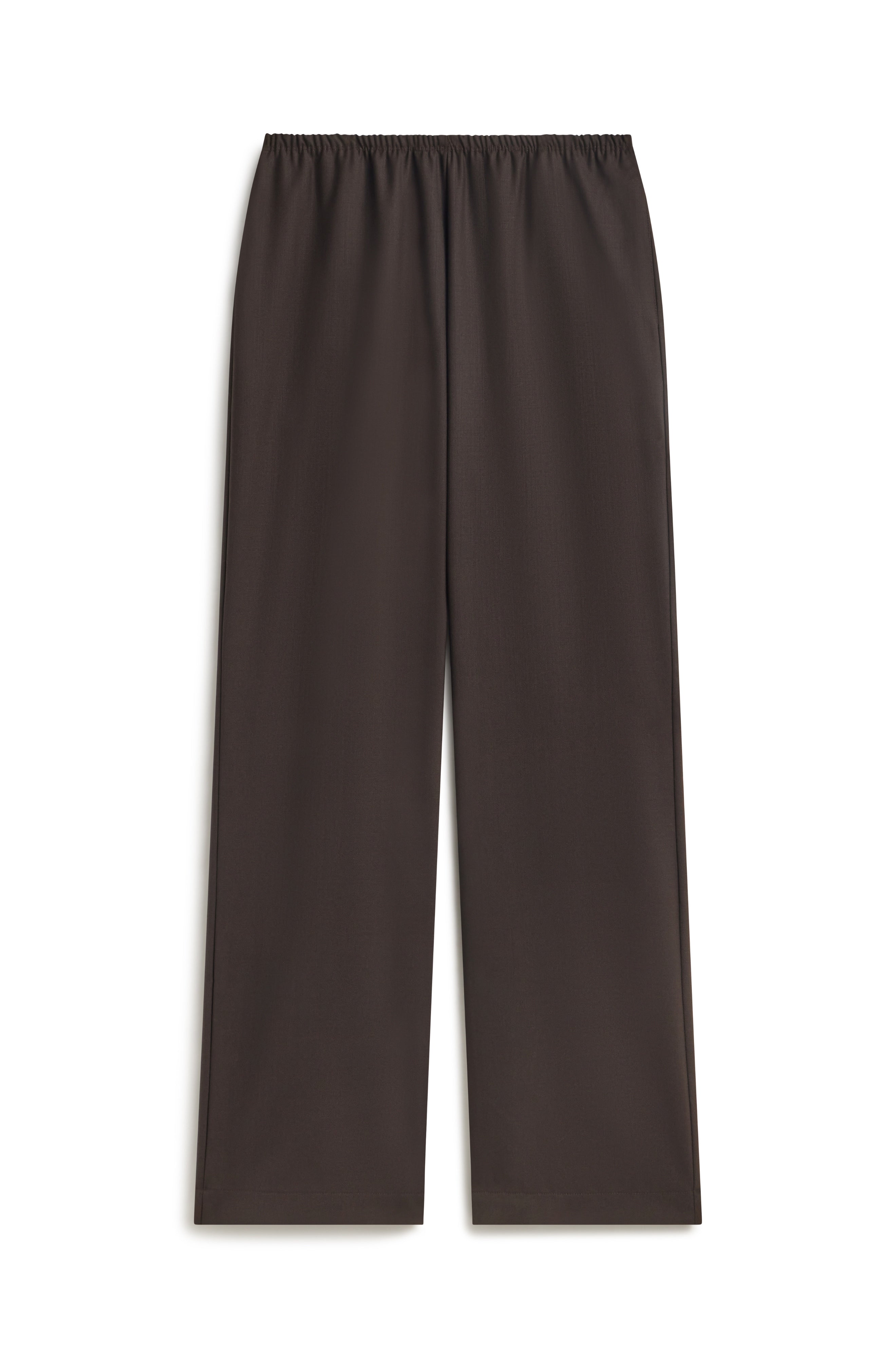 A pair of dark brown wide-leg trousers with an elastic waistband, shown flat against a plain white background.