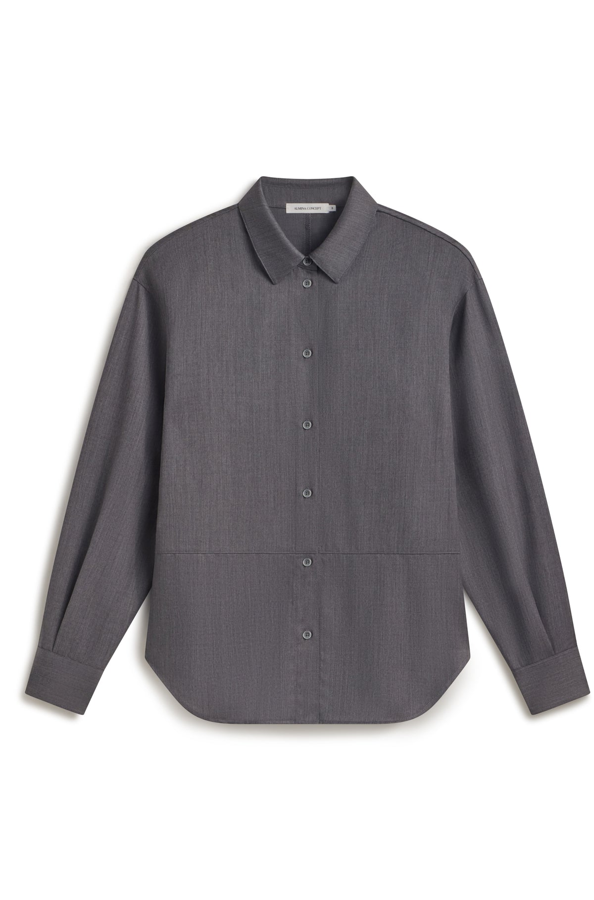 A dark gray long-sleeve button-up shirt with a classic collar, laid flat against a white background.