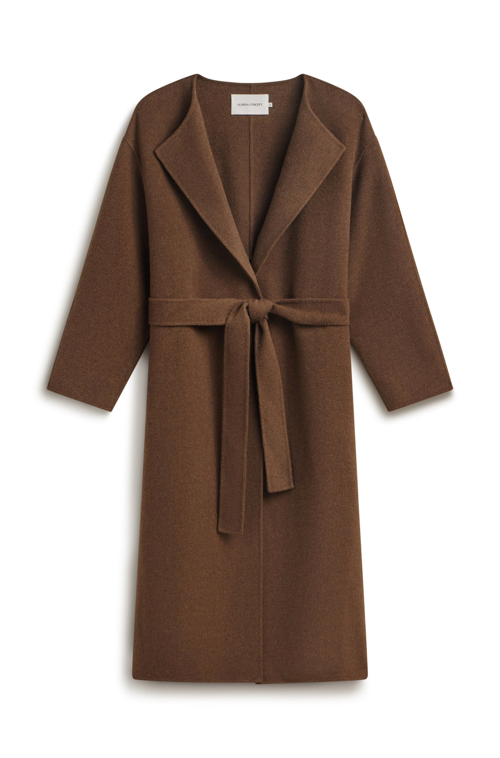 A brown wool-blend wrap coat with a tie belt, shown flat against a white background.