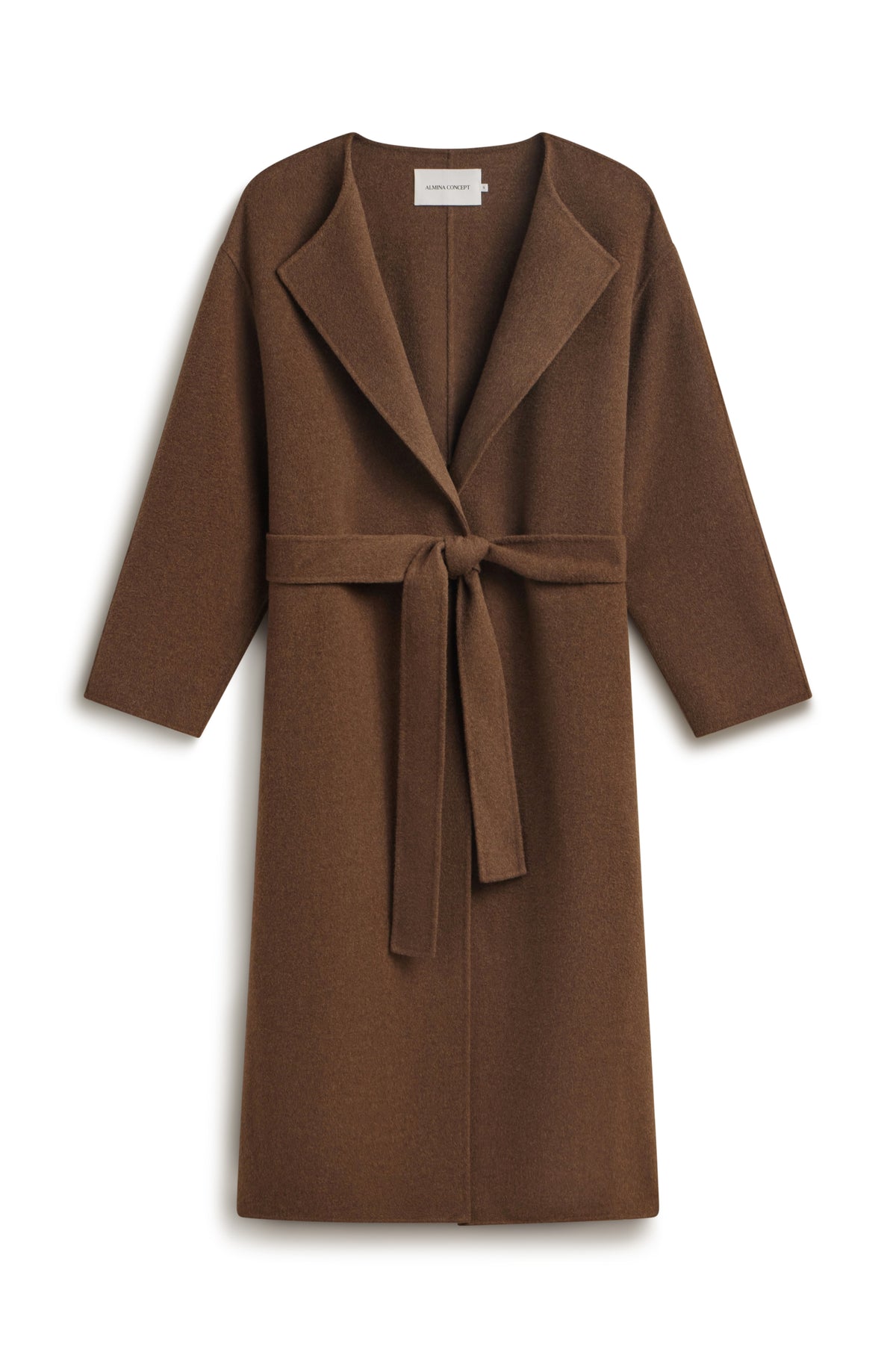 A brown wool-blend wrap coat with a tie belt, shown flat against a white background.