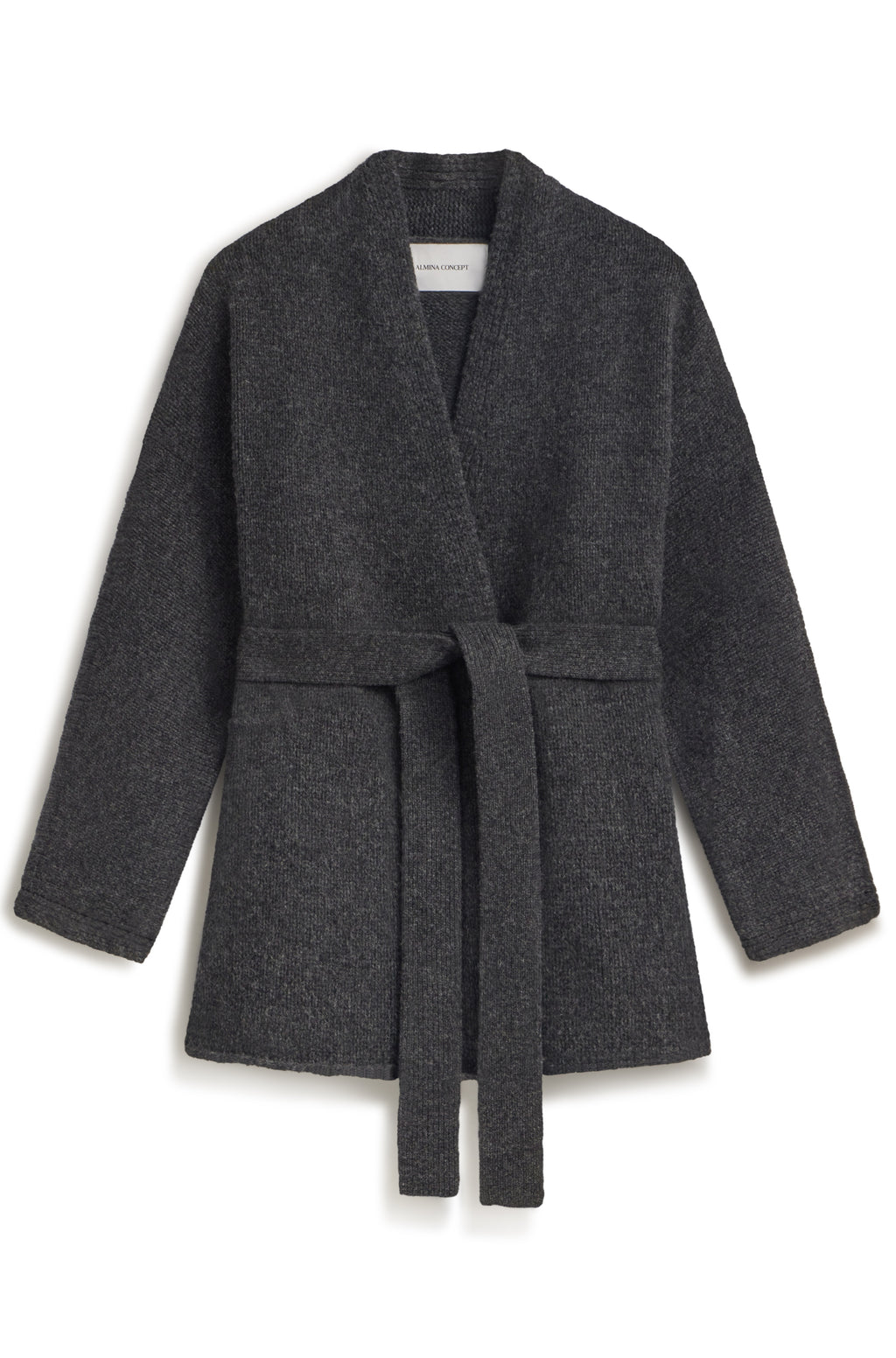 Wrap cardigan with belt around waist in charcoal against a white background