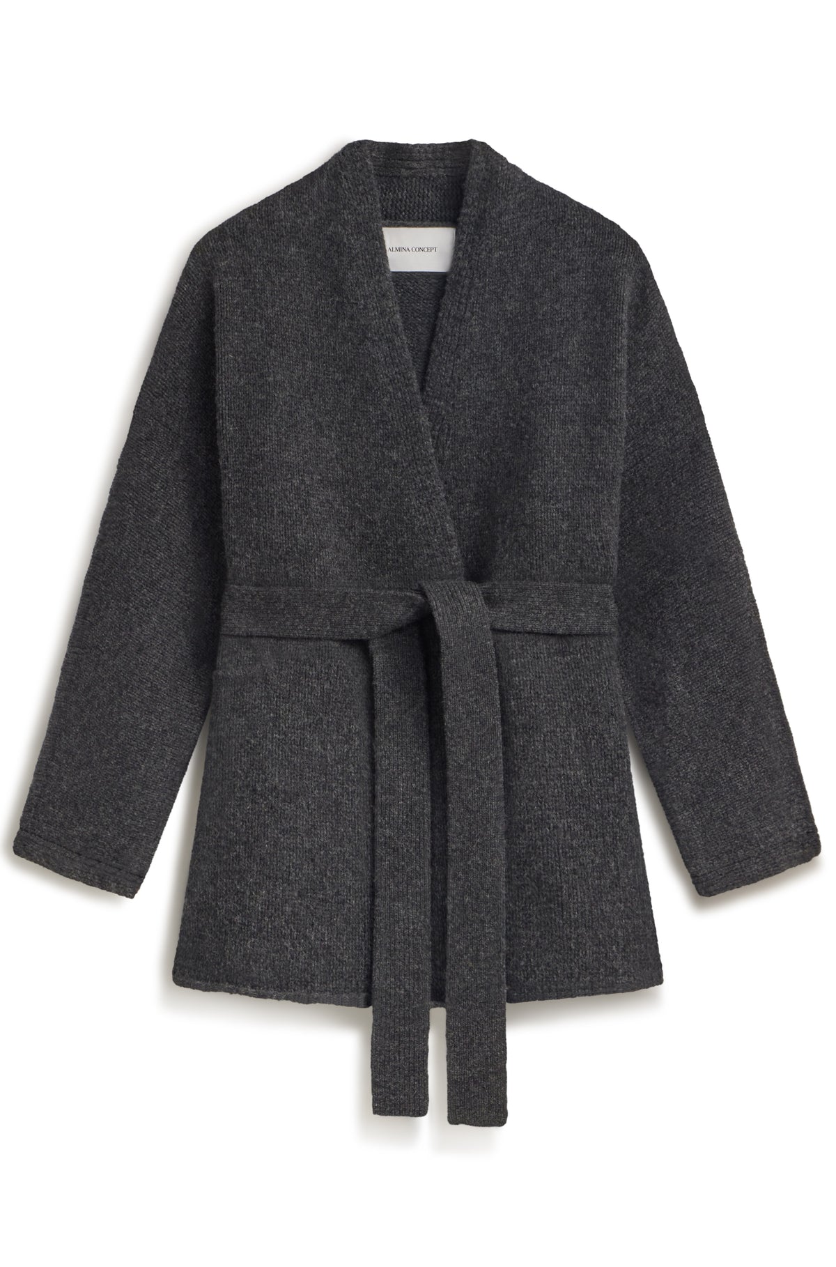 Wrap cardigan with belt around waist in charcoal against a white background