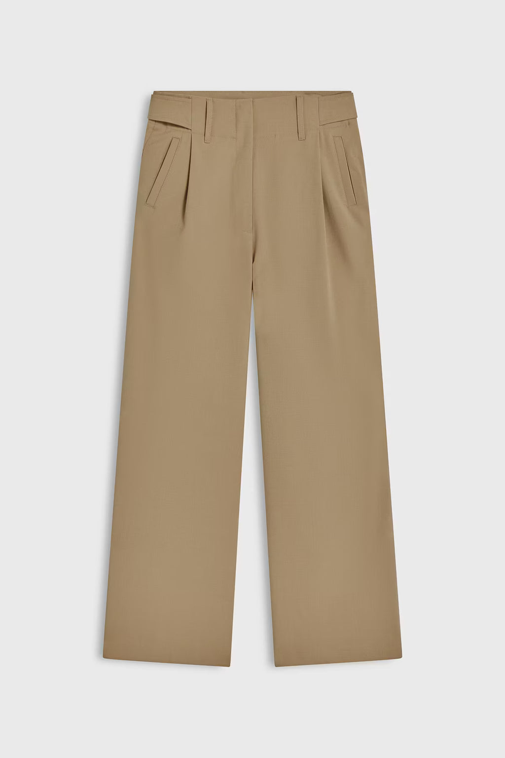 Beige trouser pants on a light gray background