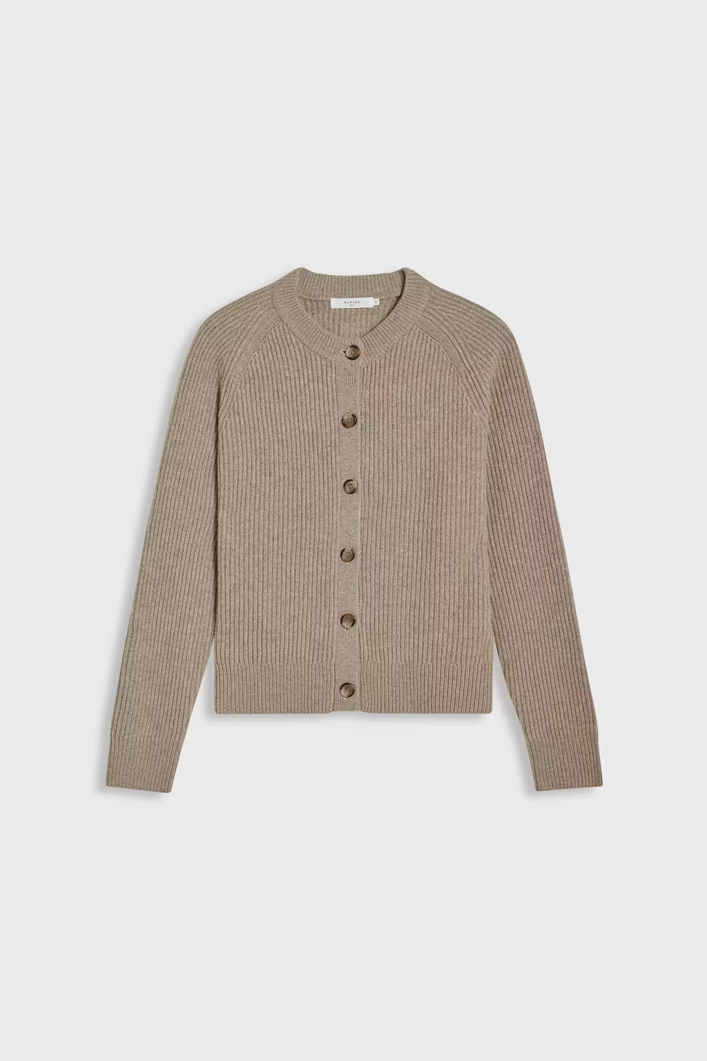 Brown ribbed knit cardigan on a light gray background