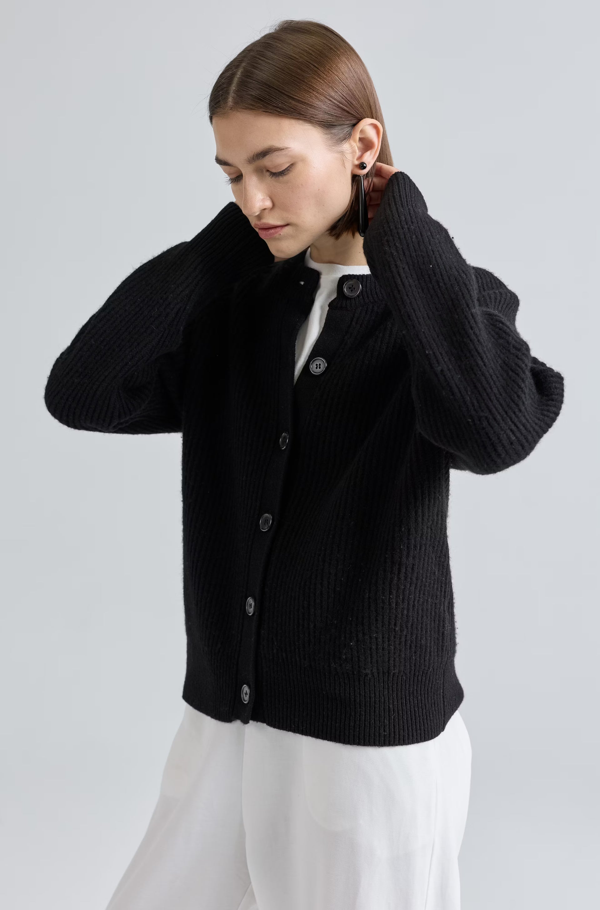 Almina Concept - Button Up Wool Cardigan in Black