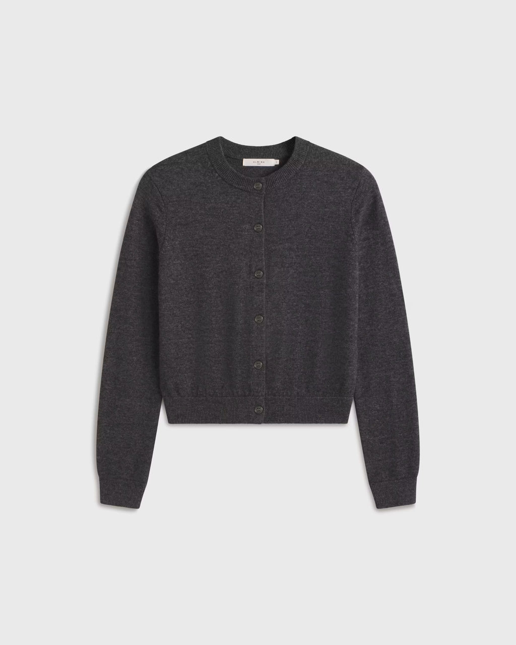 Dark gray button up cardigan on a light gray background